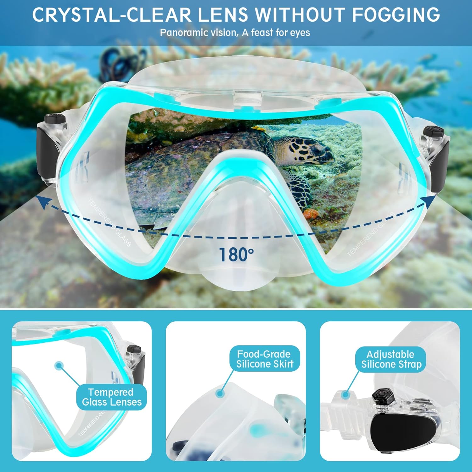 Highlights multiple features of the diving mask to show its superior underwater visibility and comfort.