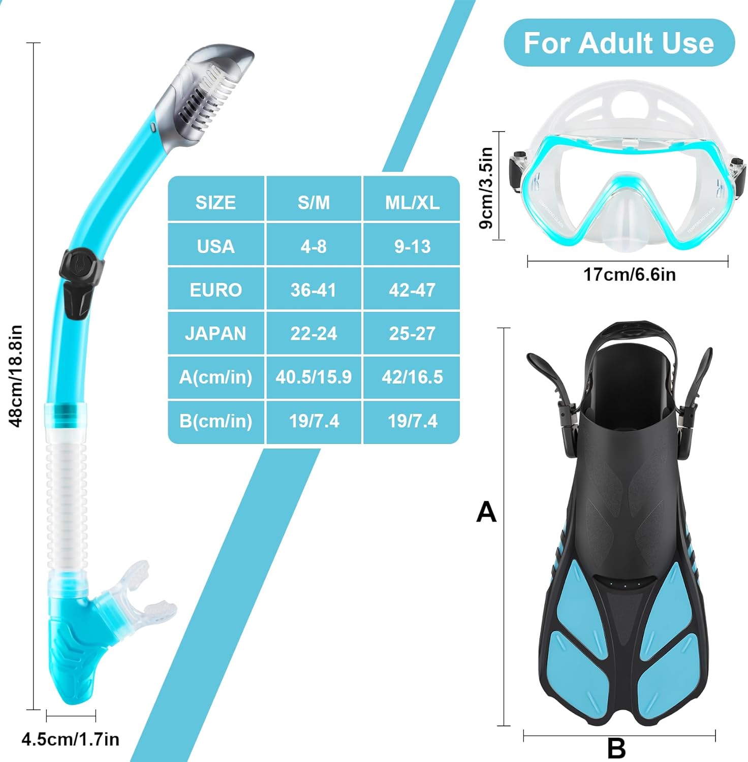 Provides detailed sizing information for the snorkel set to help customers choose the right fit.