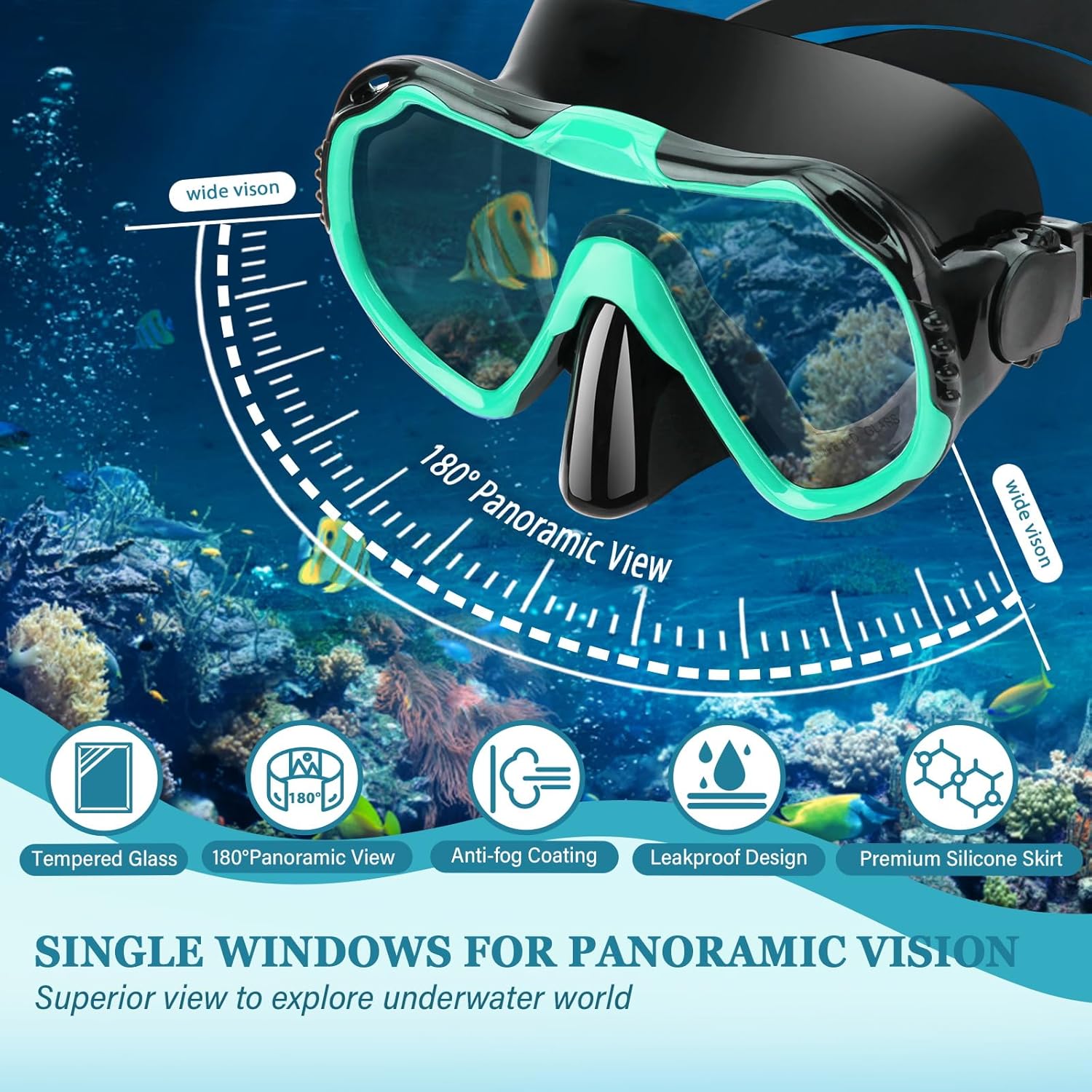 Highlights multiple key features of the diving mask to demonstrate its superior quality and functionality for underwater exploration.