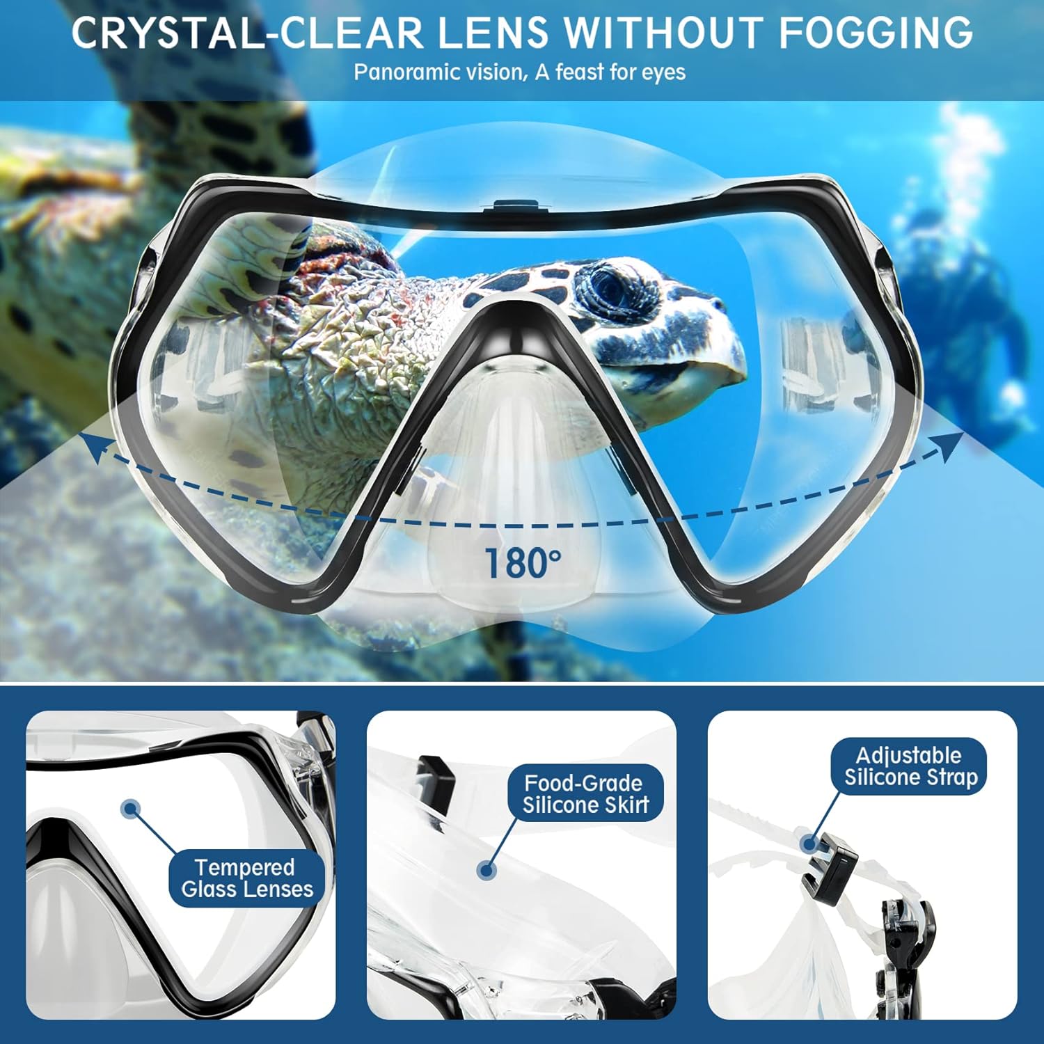 Highlights the crystal-clear, anti-fogging lens feature to reassure customers of excellent underwater visibility. Showcases key features of the diving mask including the wide-angle lens, silicone…