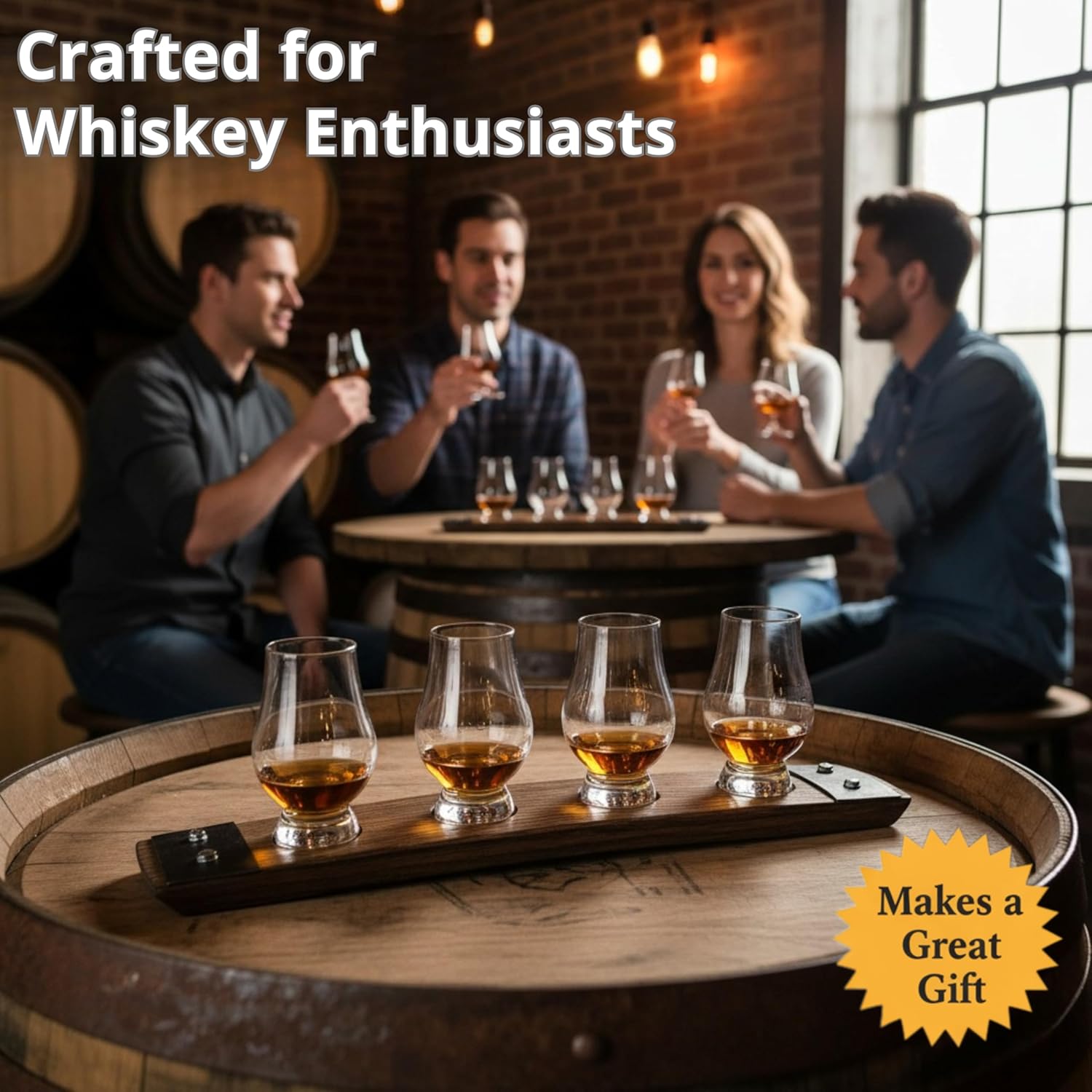 Secondary Images for Barrel Stave Premium 4 Glass Whiskey Flight Serving Tray with Glencairn Glasses