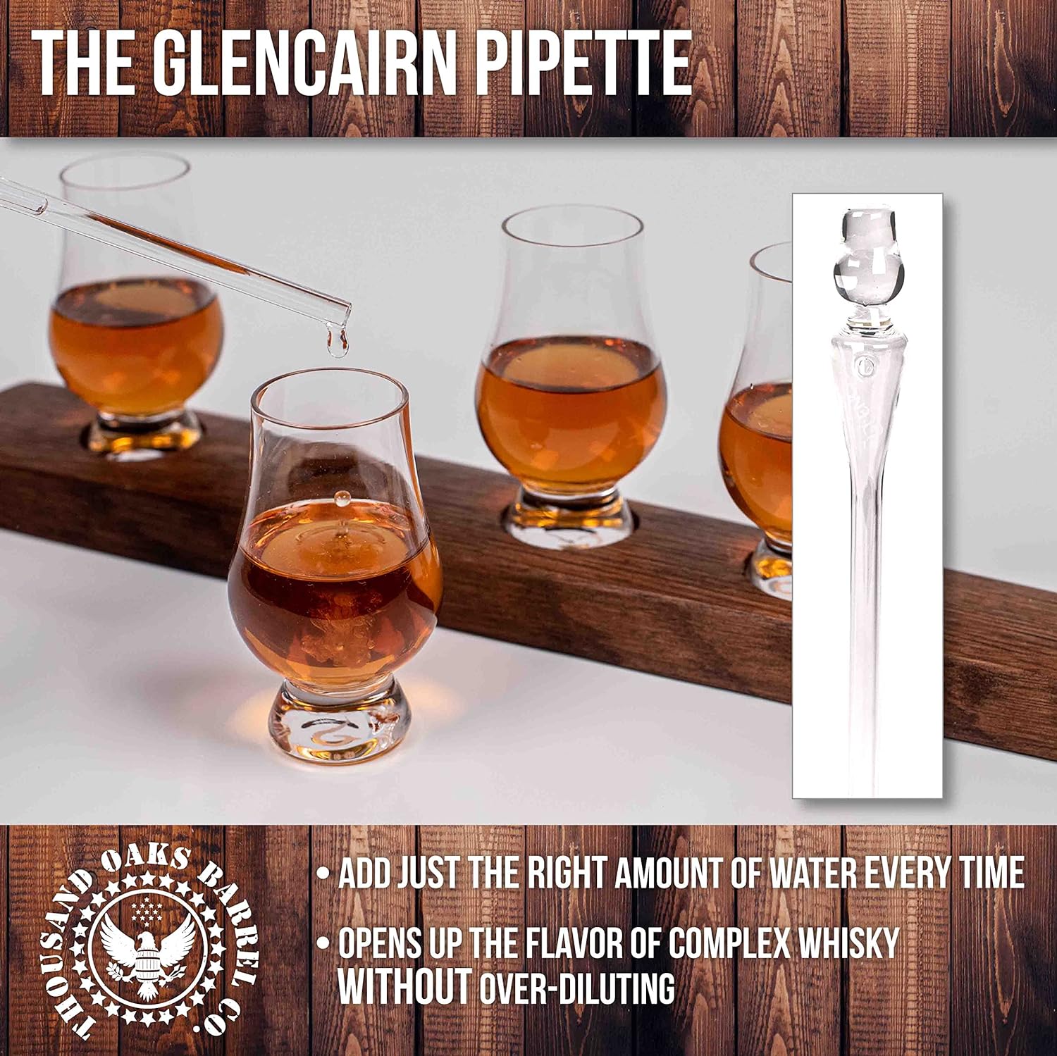Demonstrates how the Glencairn pipette allows for precise addition of water to whisky, enhancing flavor without over-diluting.