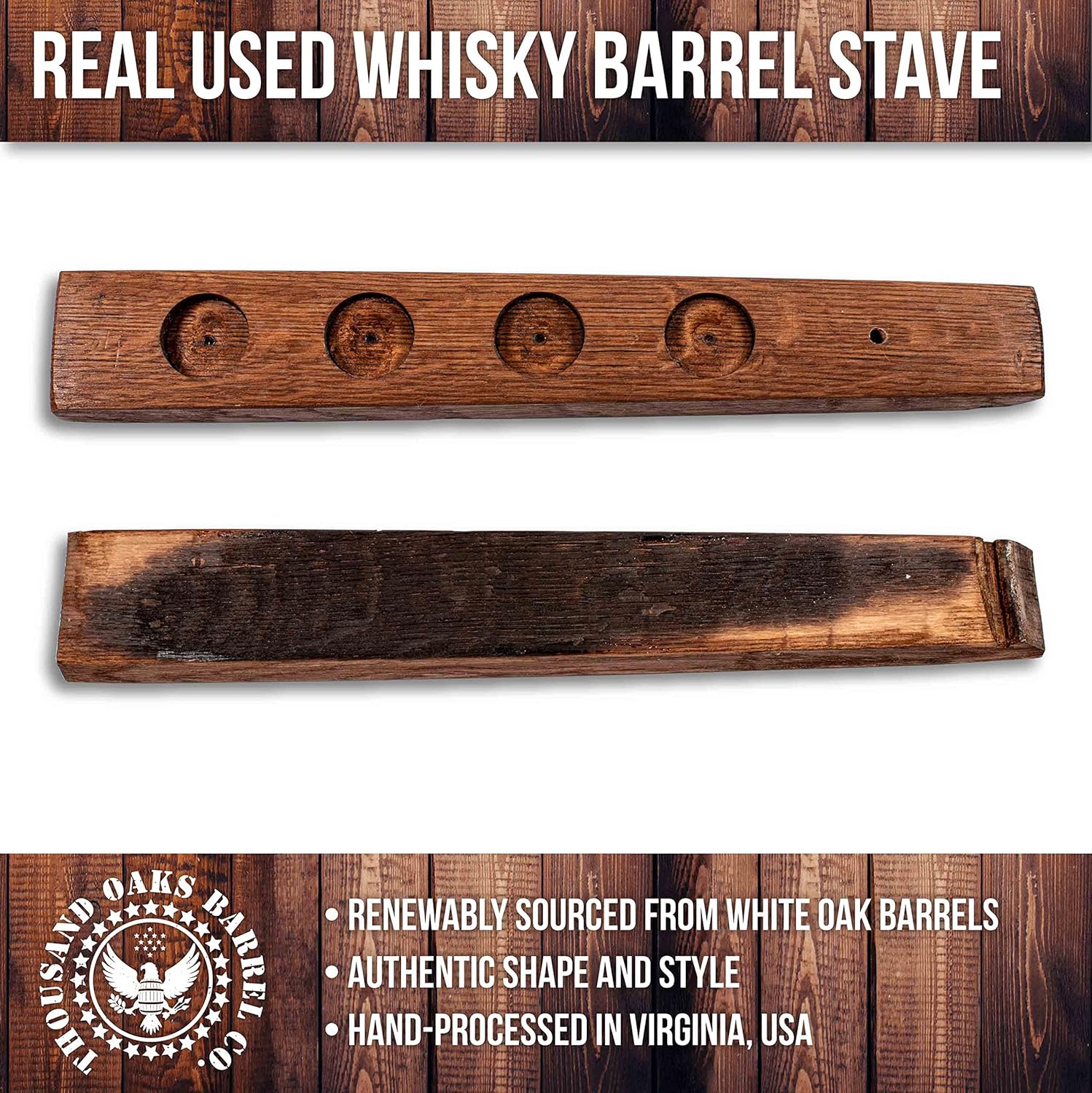Showcases the actual product - a genuine used whisky barrel stave - to highlight its authenticity and craftsmanship. Highlights multiple key features of the product to emphasize its quality,…