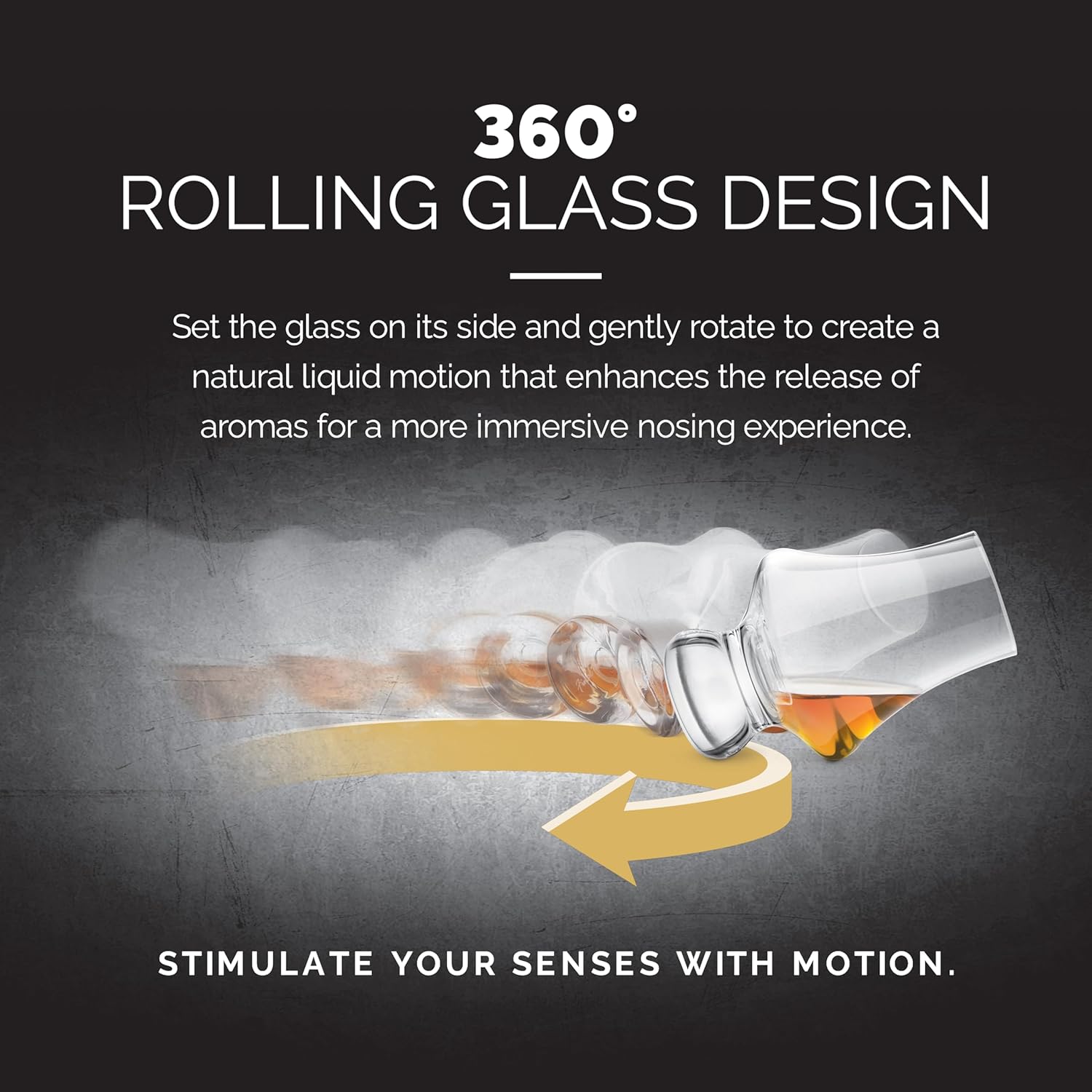 Highlights the unique rolling design of the glass that enhances aroma release and the nosing experience for spirits.