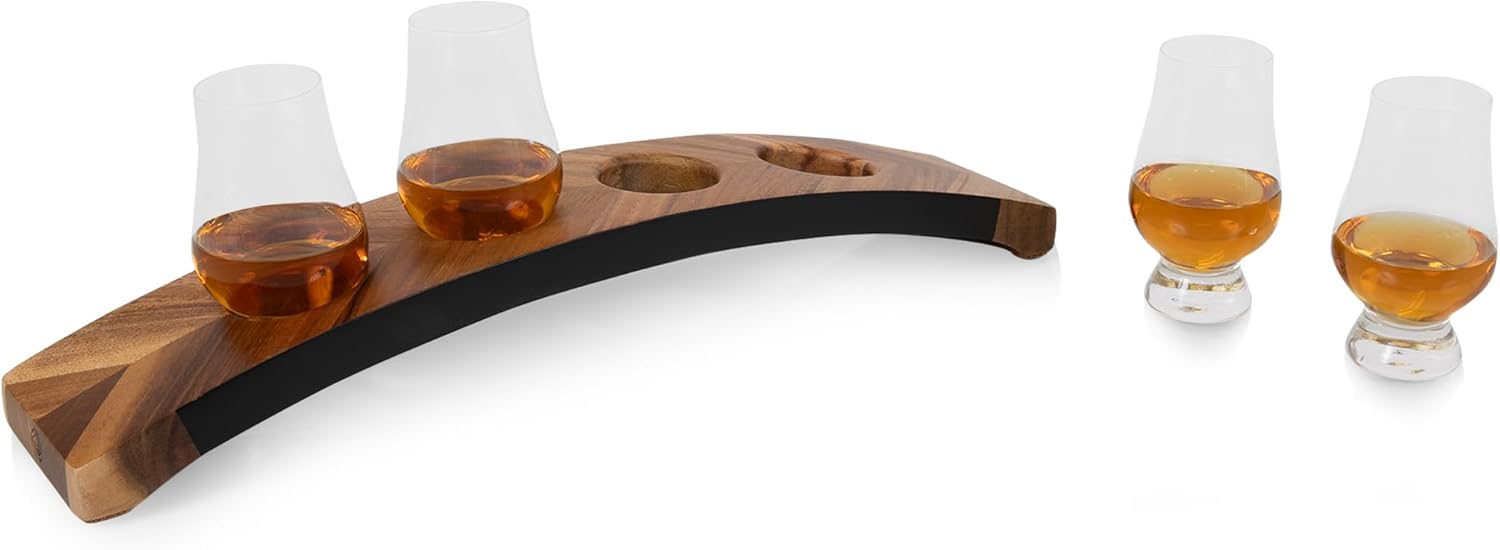 Showcases the product's use as a whiskey tasting set, demonstrating its functionality for serving and enjoying multiple whiskey samples.