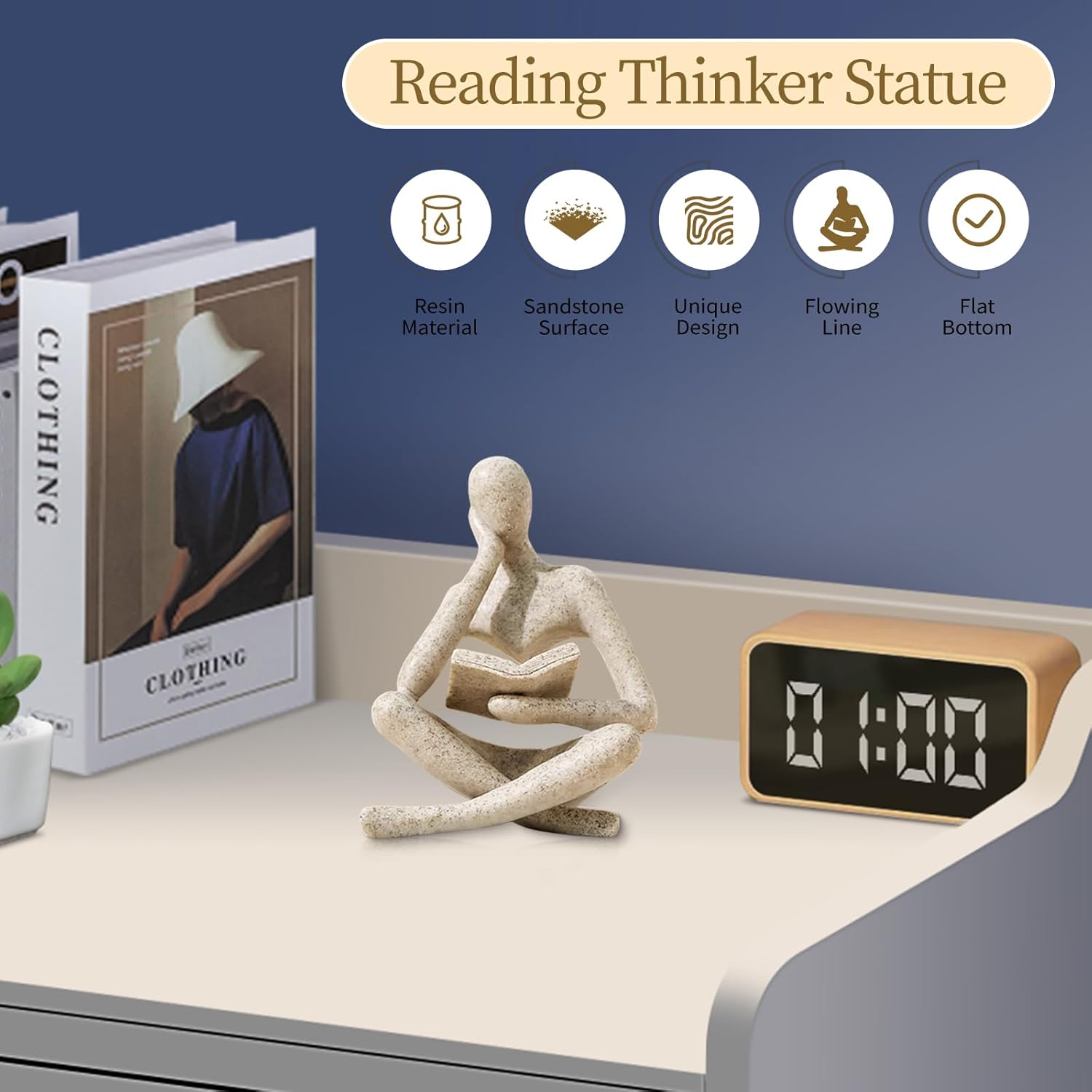 Highlights multiple features of the Reading Thinker Statue, including its resin material, sandstone surface, unique design, flowing lines, and flat bottom for…