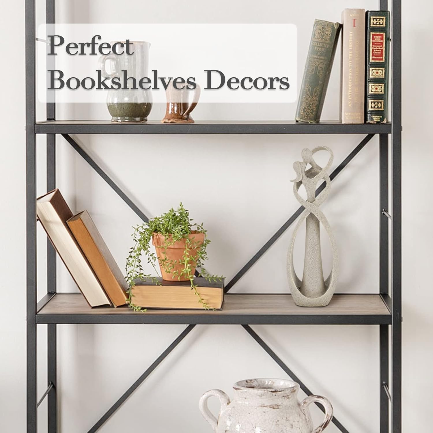 Demonstrates how to style and decorate bookshelves with various objects to create an aesthetically pleasing display.
