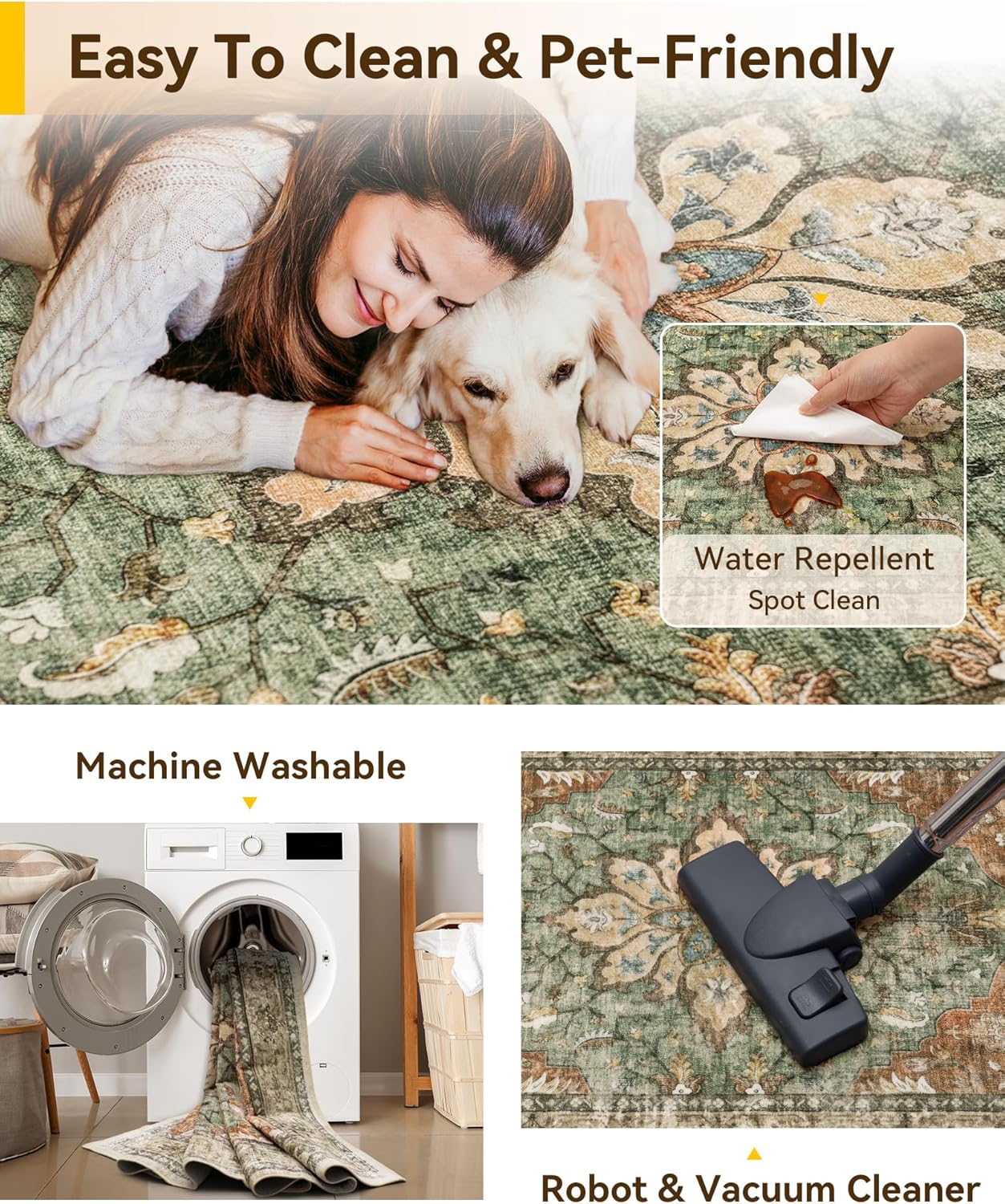 Highlights multiple features that make the rug easy to maintain and suitable for homes with pets, reassuring potential buyers about its practicality and…