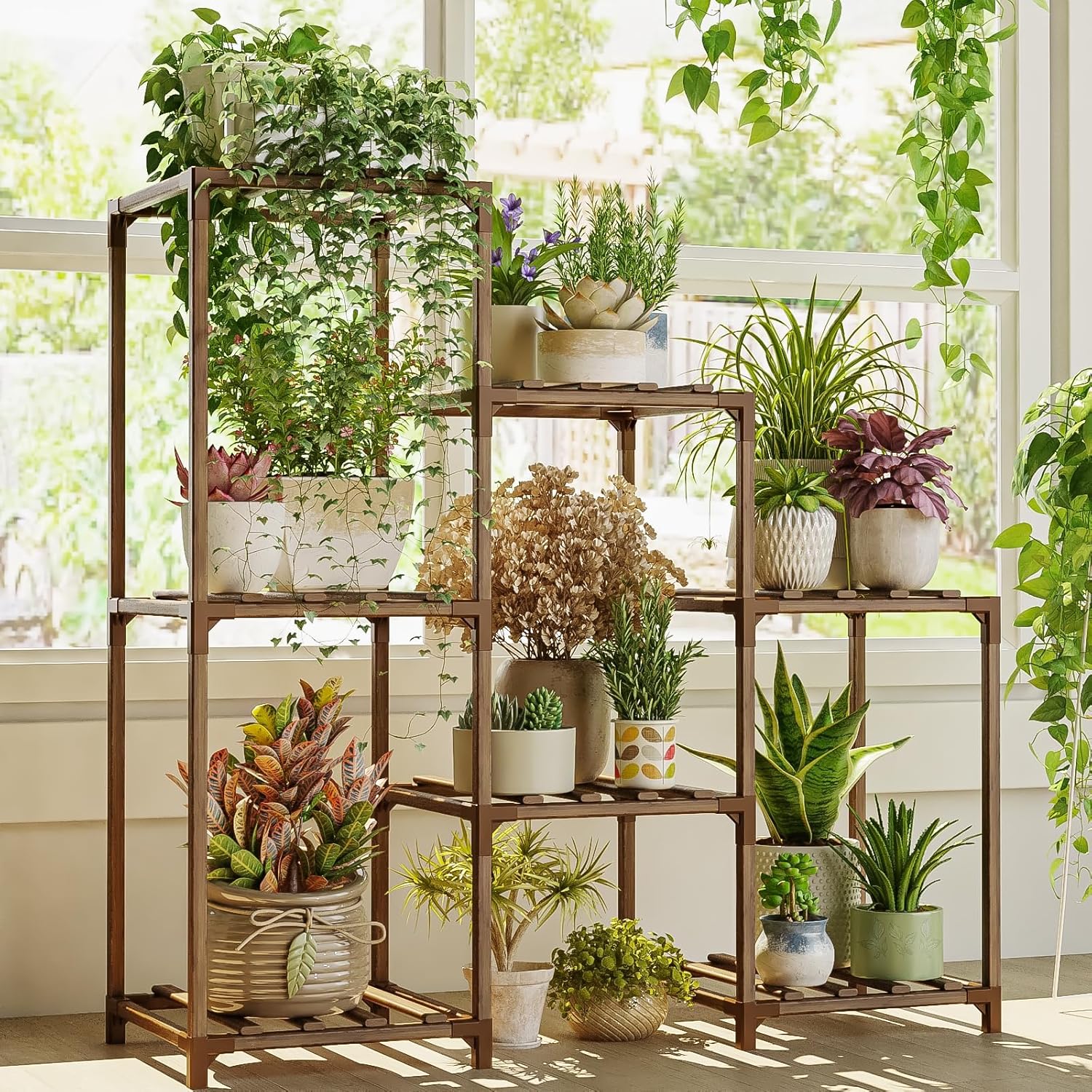 Demonstrates how the product can be used to create an attractive indoor plant display and enhance home decor.