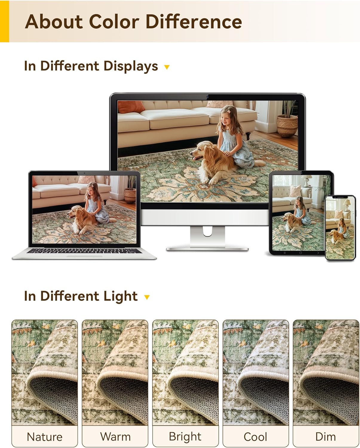 Demonstrates how the product's colors appear consistently across different display devices and lighting conditions, reassuring customers about accurate color representation.
