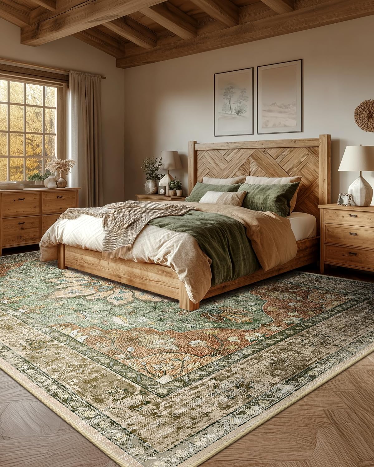 Showcases the product (likely bedroom furniture) in a real-world, cozy rustic bedroom setting to help shoppers envision how it would look in their own home.