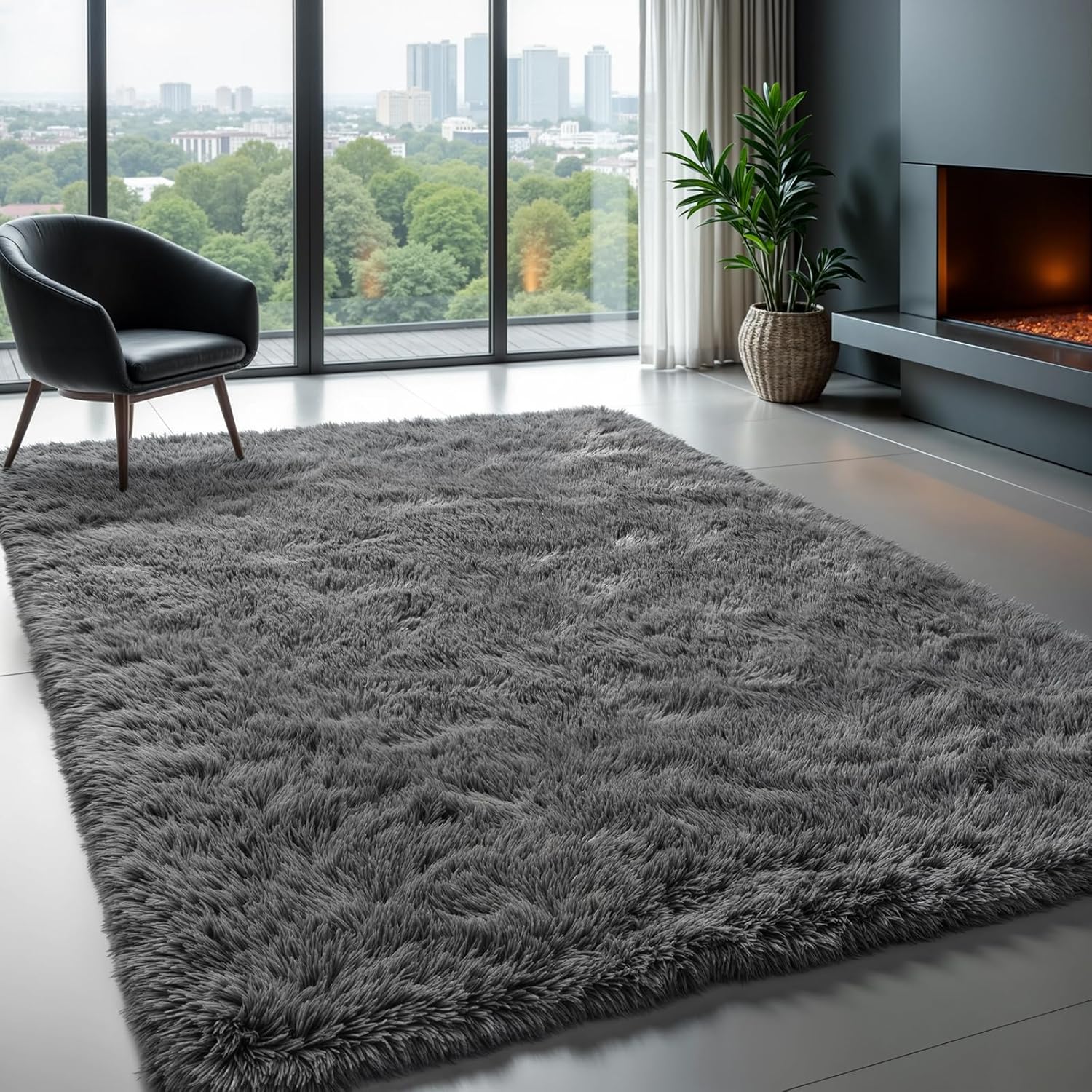 Showcases the rug in a luxurious, contemporary living space to demonstrate its aesthetic appeal and compatibility with upscale interiors.