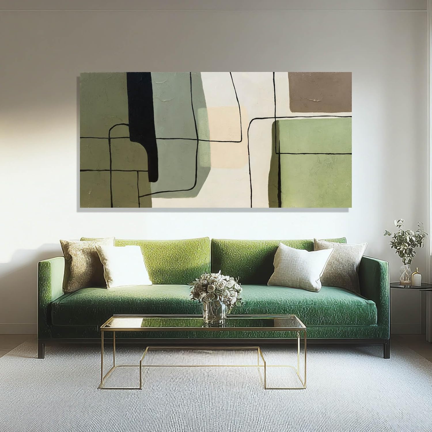 Showcases how the abstract artwork complements and enhances a contemporary living space with a green sofa.