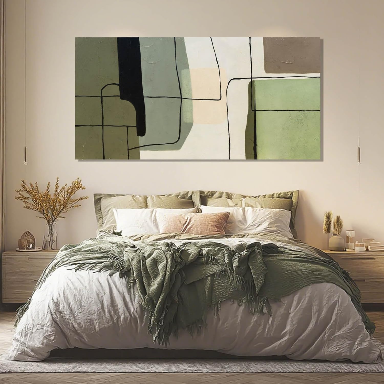 Shows how the abstract art piece complements and enhances a modern, neutral-toned bedroom setting.