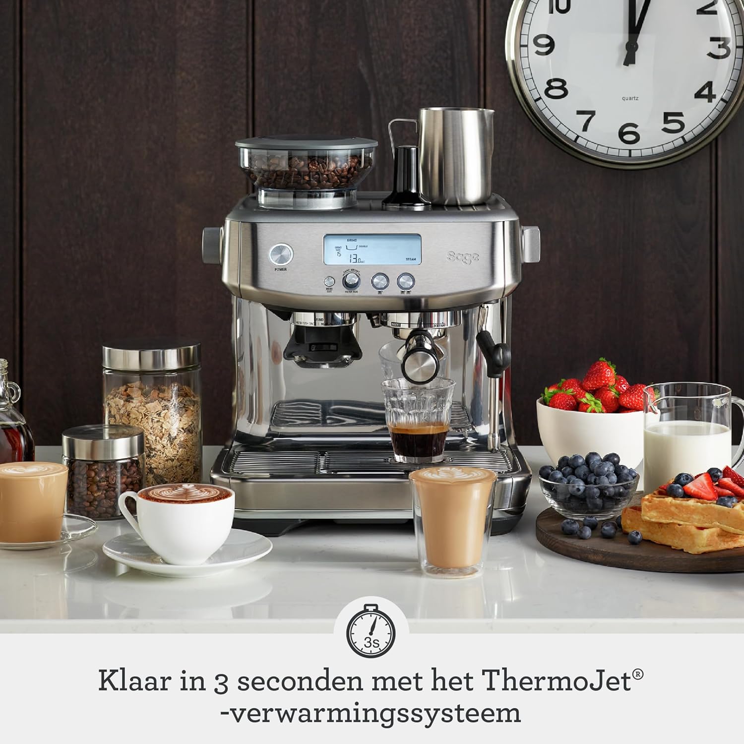 Highlights the espresso machine's fast 3-second ThermoJet heating system, emphasizing convenience and quick preparation. Showcases the ThermoJet heating system as a key feature, emphasizing its…
