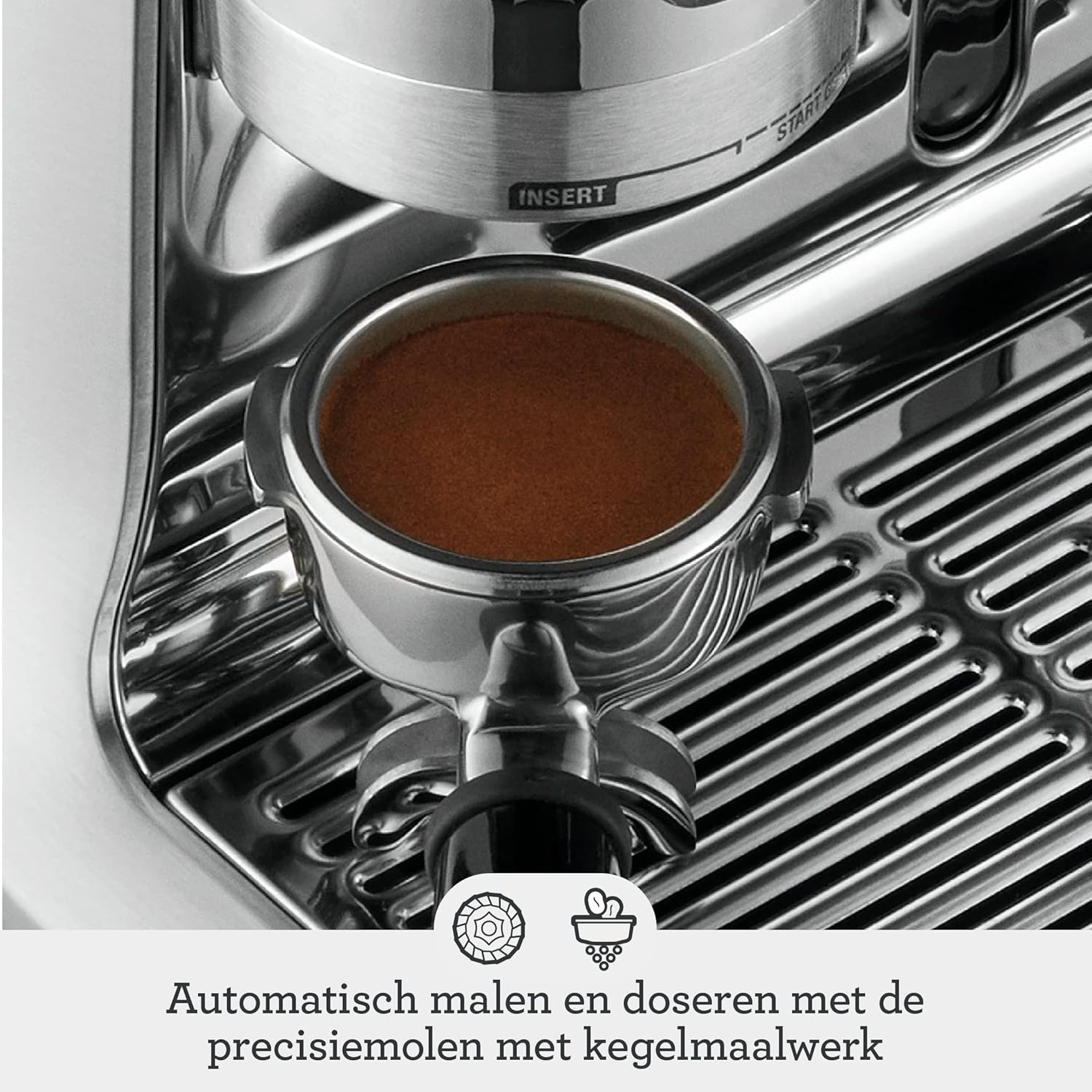 Demonstrates the automatic grinding and precise dosing feature of the espresso machine, highlighting its ease of use and consistency in coffee preparation.