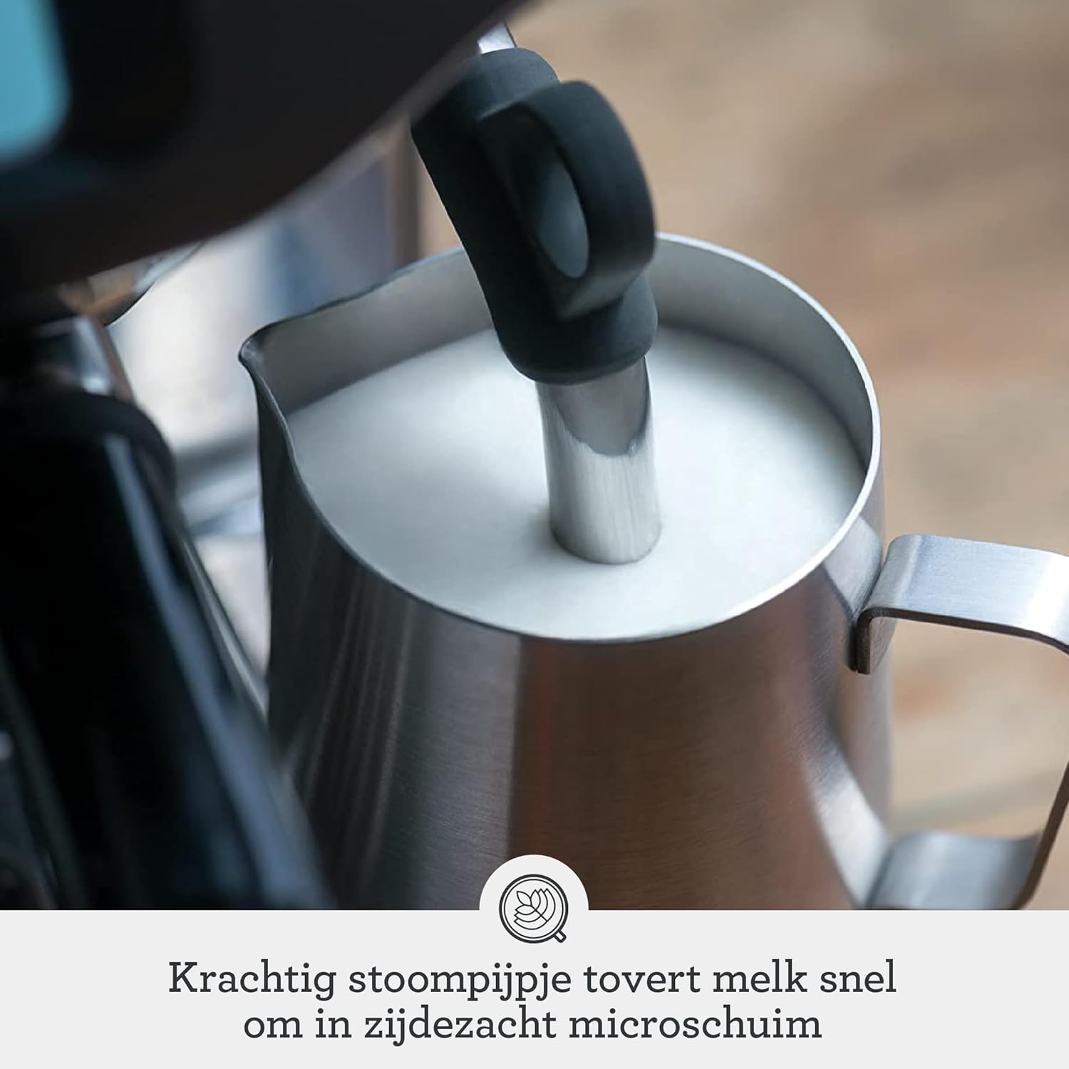 Highlights the product's powerful steam wand feature for quickly frothing milk into silky microfoam.