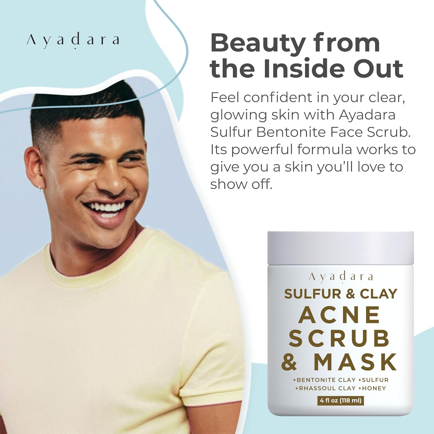 Highlights the product's ability to provide clear, glowing skin, boosting the user's confidence.