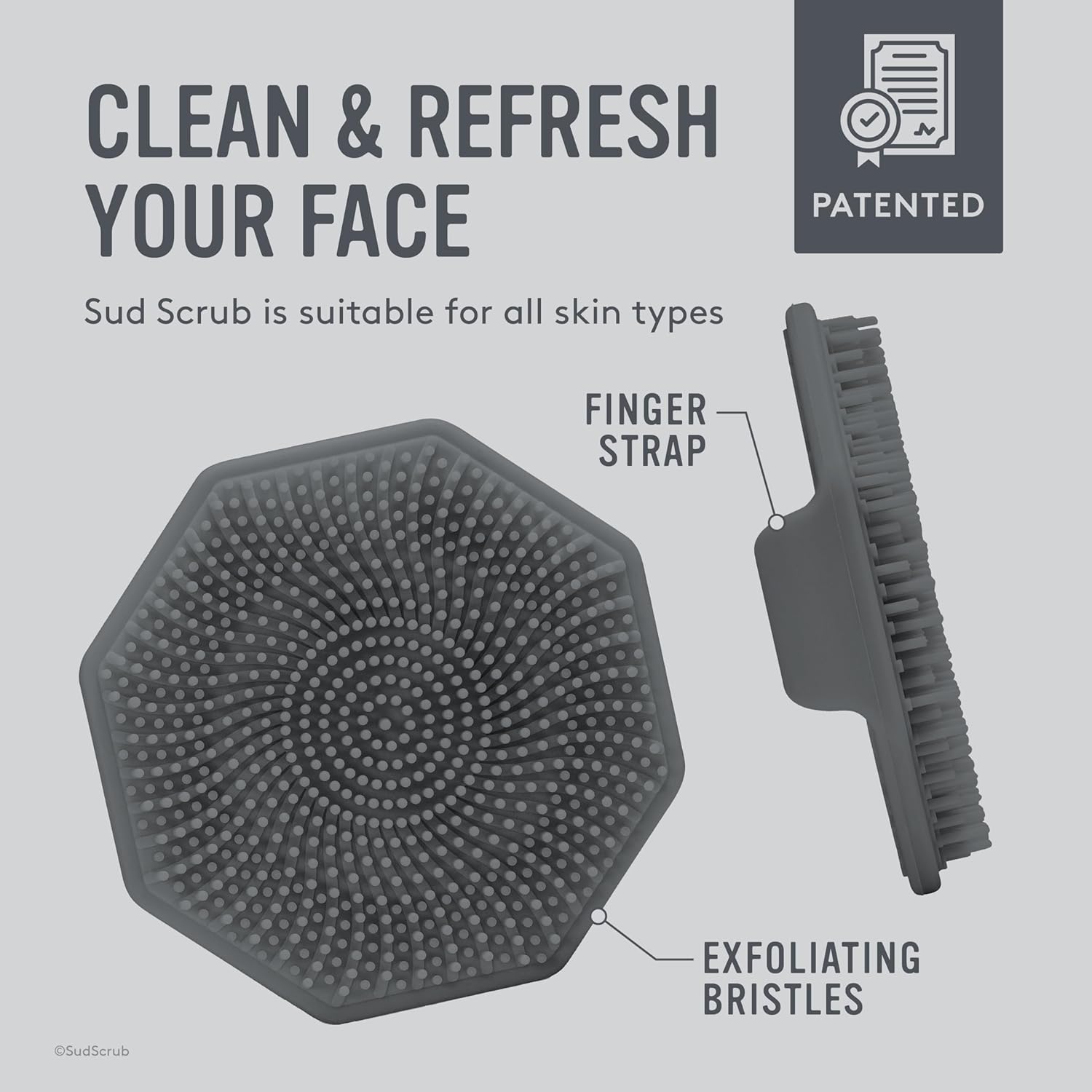Highlights the key features of the Sud Scrub face cleaning tool, showing its exfoliating bristles and finger strap design for easy use. Emphasizes that the Sud Scrub is versatile and can be used by…