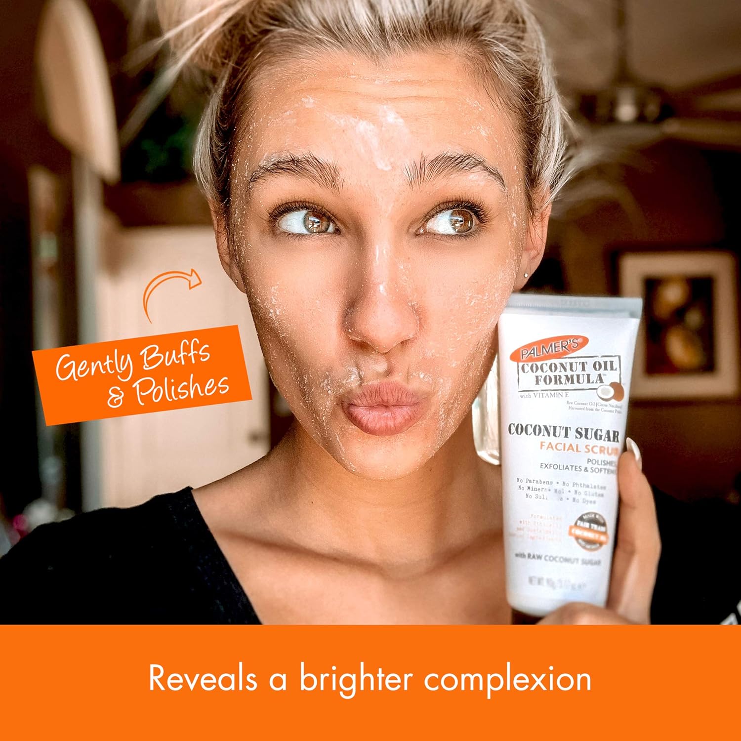Demonstrates how the product gently buffs and polishes skin to reveal a brighter complexion. Shows a real person using the product, building trust and demonstrating ease of use.
