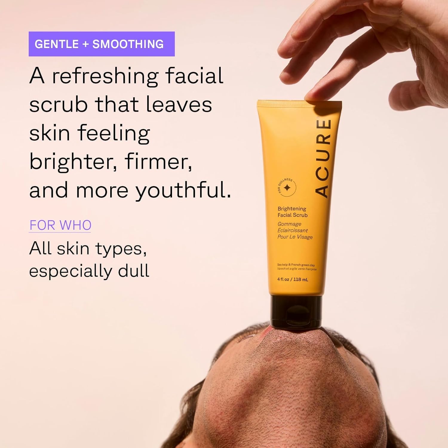 Highlights the product's key benefit of being a gentle and smoothing facial scrub that refreshes and brightens skin.