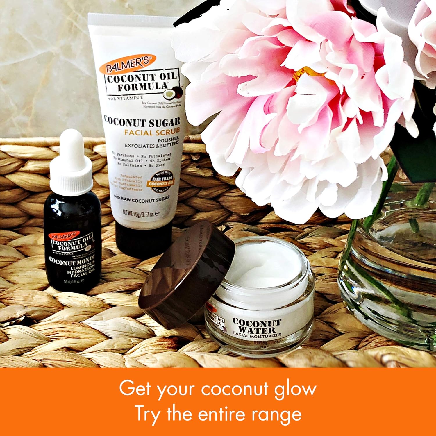 Showcases the full range of coconut-infused skincare products available from Palmer's, encouraging customers to try the entire line.