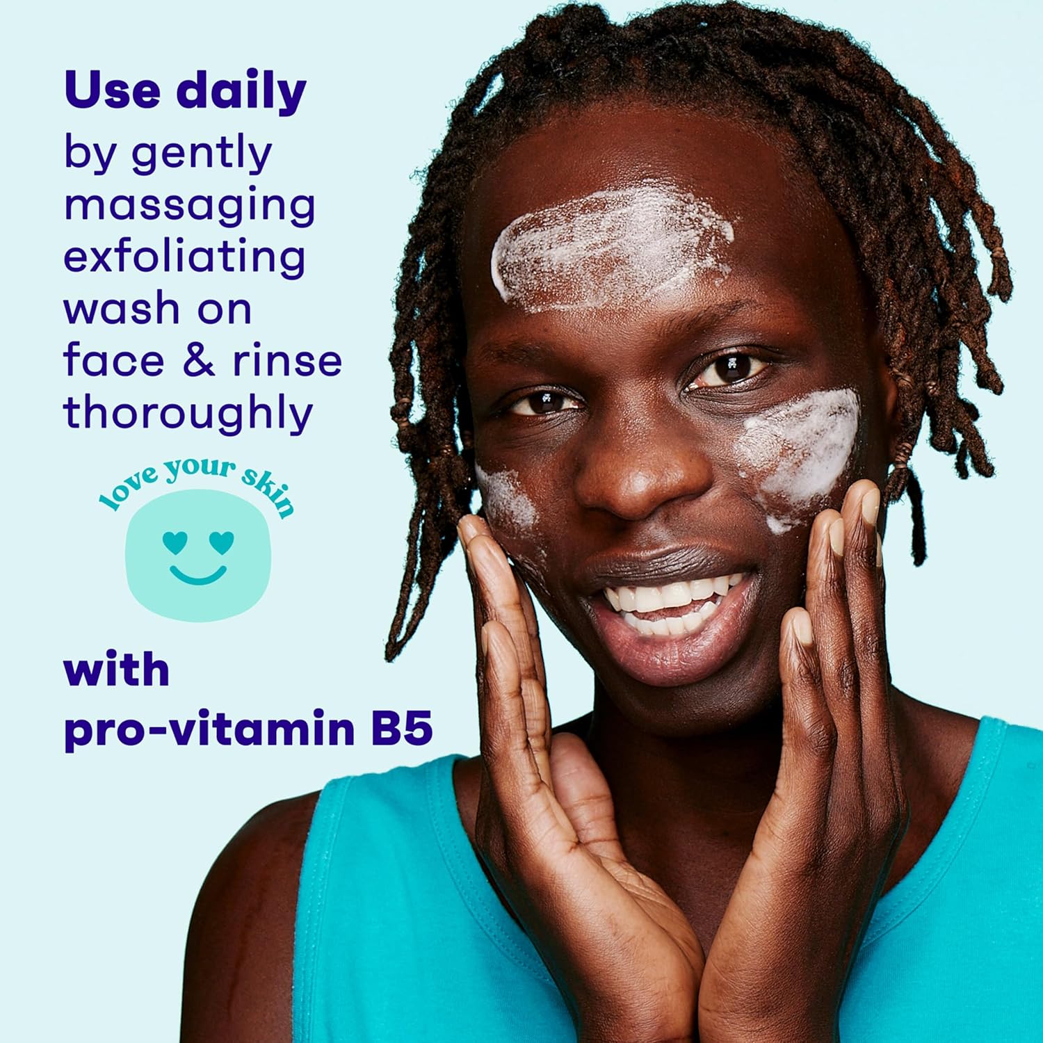 Demonstrates the proper application method for the exfoliating face wash, encouraging daily use for skin care. Highlights the key ingredient pro-vitamin B5 to emphasize the product's skincare…