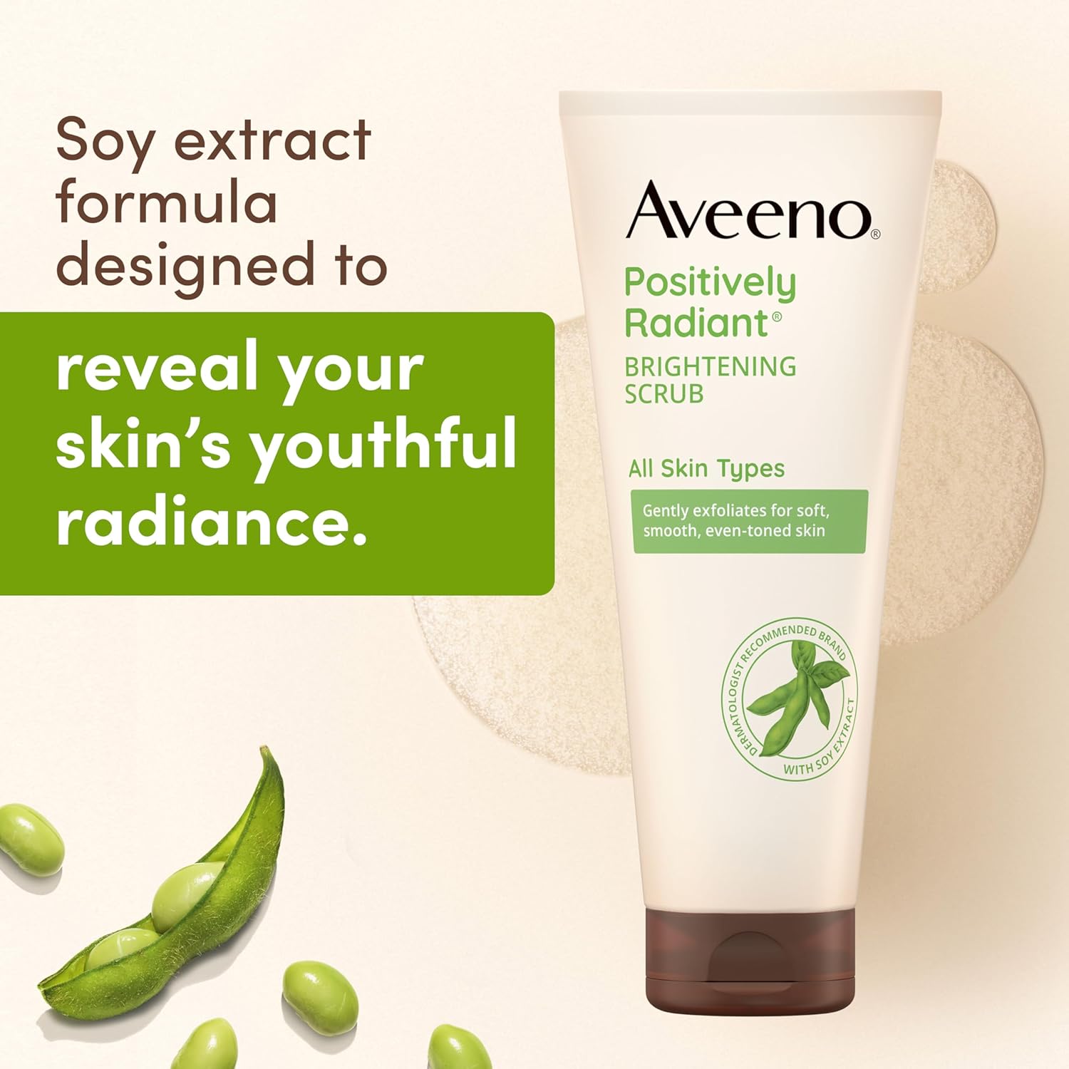 Highlights the product's ability to reveal youthful radiance through its soy extract formula, emphasizing its brightening and exfoliating properties.