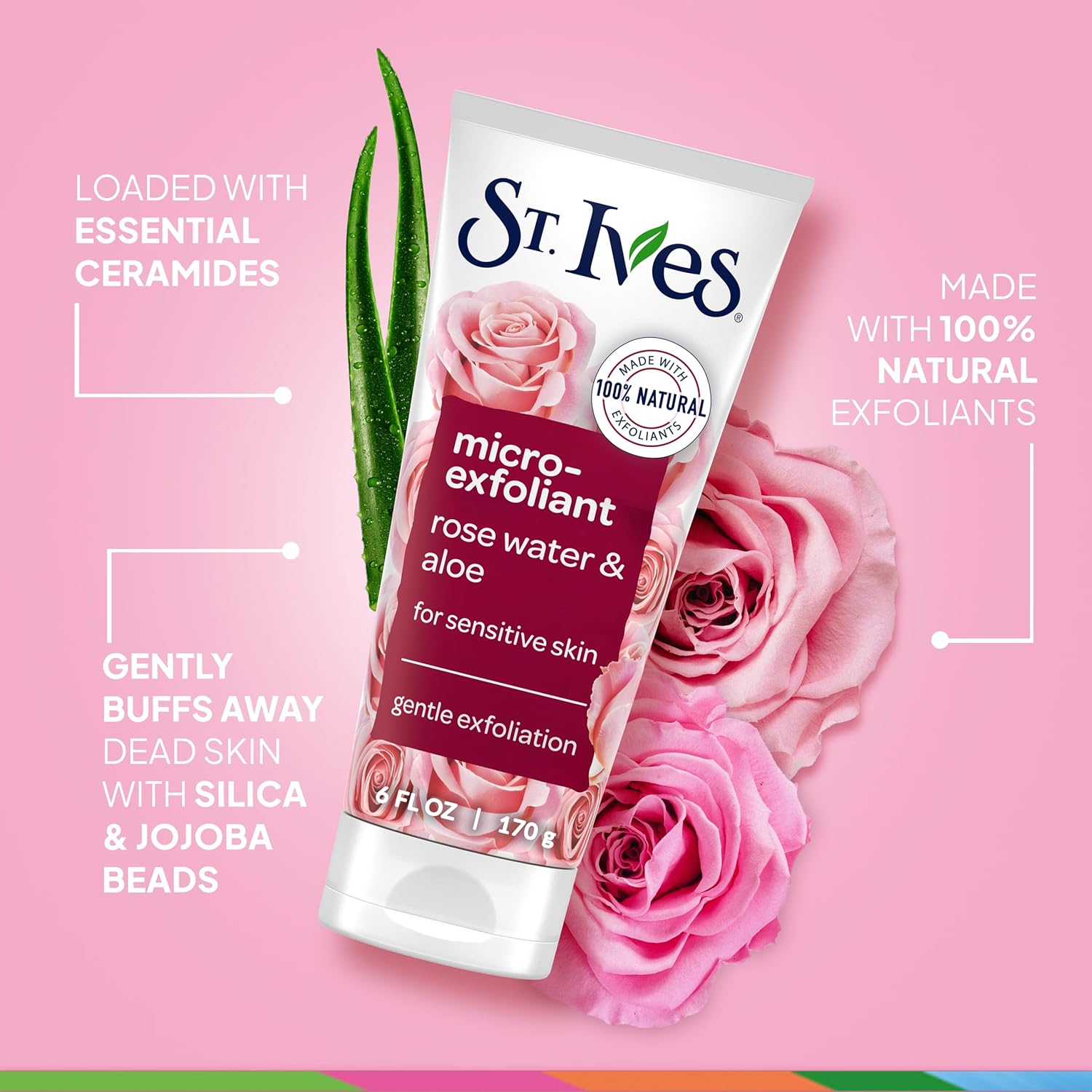 Highlights multiple key features of the product to showcase its gentle yet effective exfoliation properties for sensitive skin.