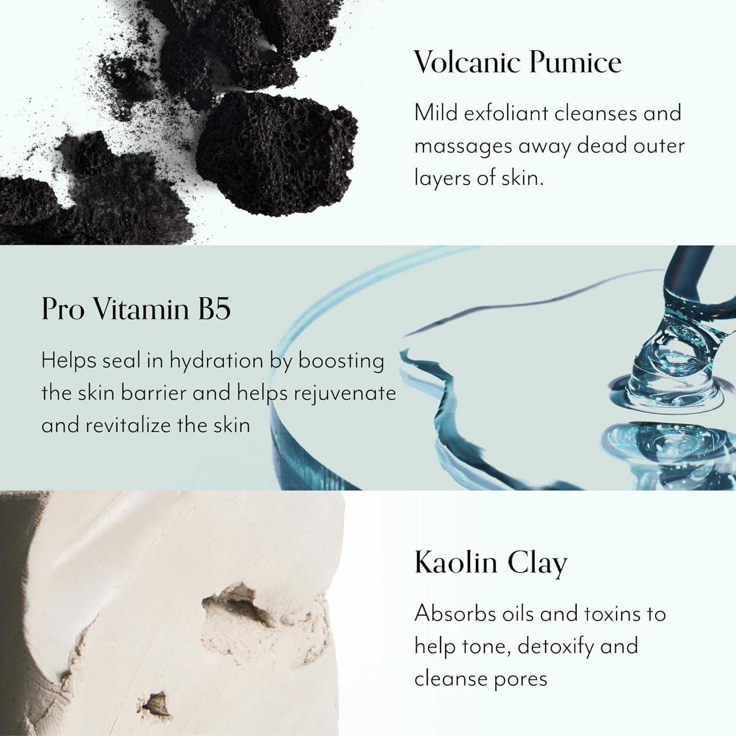Highlights multiple key ingredients and their specific benefits for skin care, demonstrating the product's comprehensive approach to skincare.