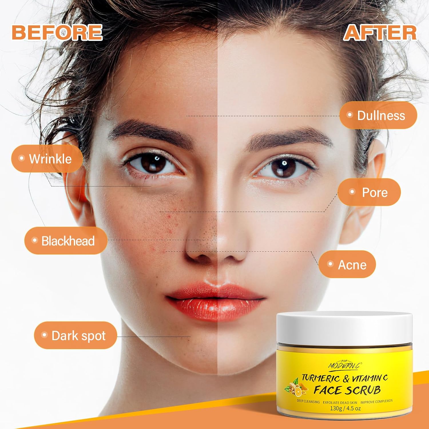 Demonstrates the effectiveness of the face scrub in addressing multiple skin concerns like wrinkles, acne, and dark spots. Highlights multiple skin issues the product addresses, including wrinkles,…