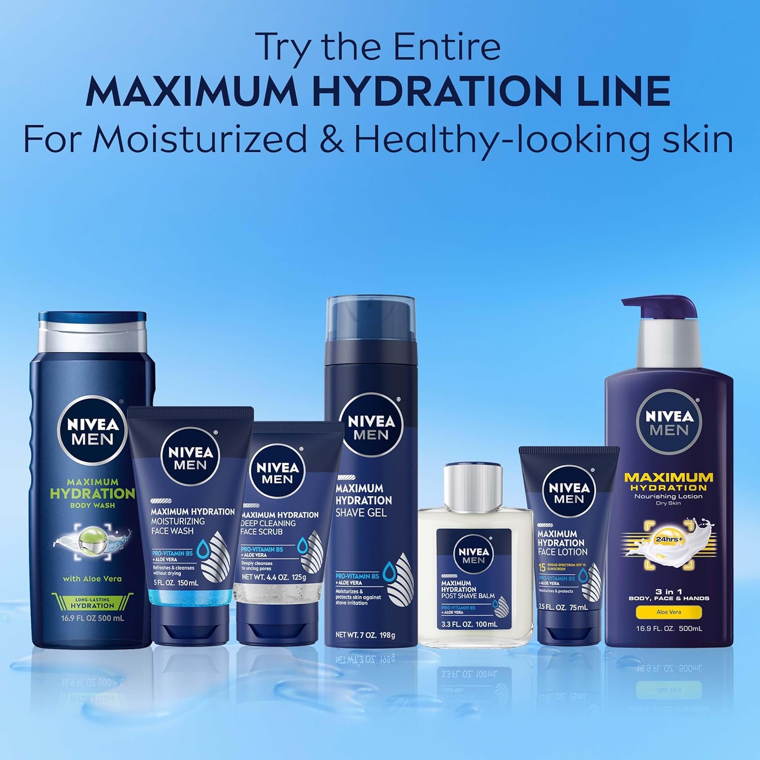Showcases the full range of Nivea Men's Maximum Hydration products to encourage customers to try the entire line for comprehensive skincare.