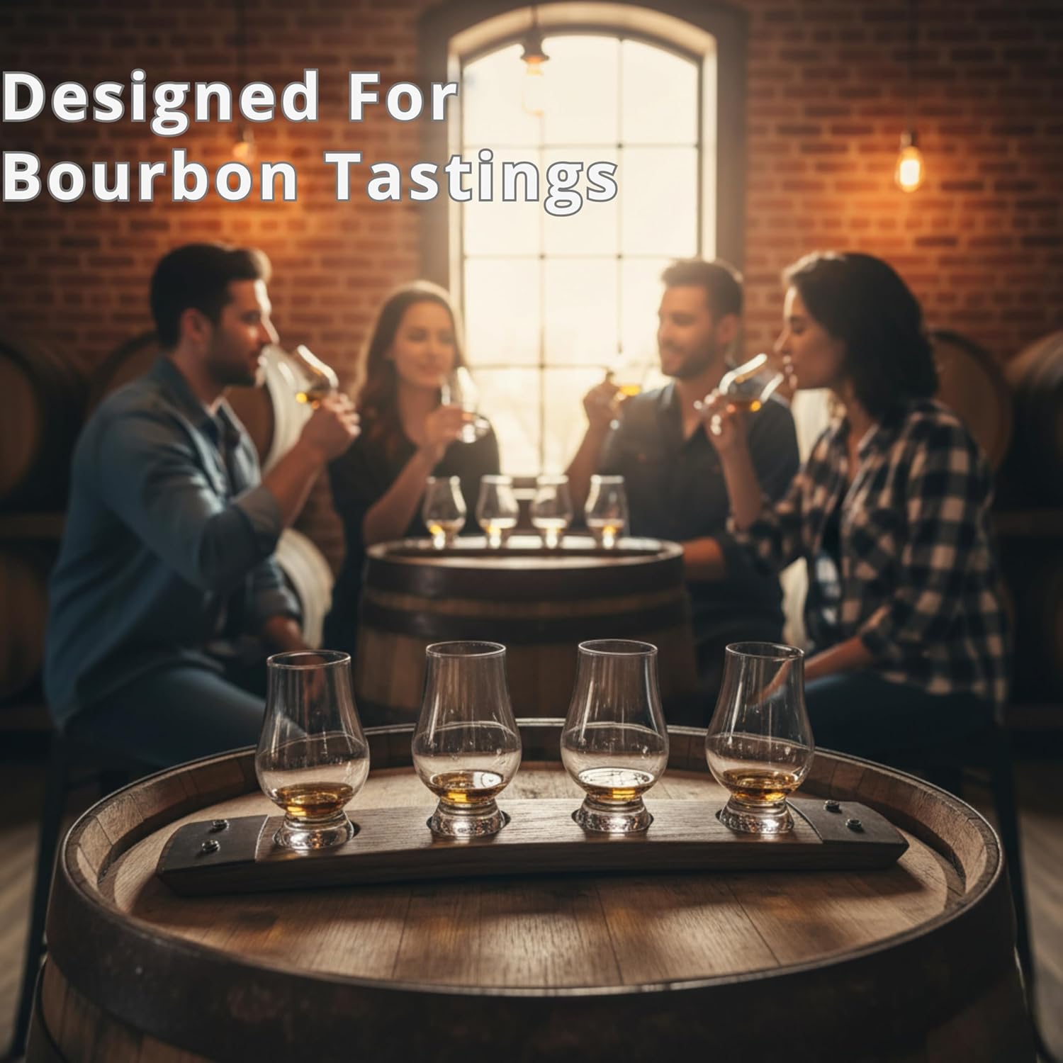Showcases the product's intended use for bourbon tastings, demonstrating its suitability for social gatherings and whiskey appreciation.