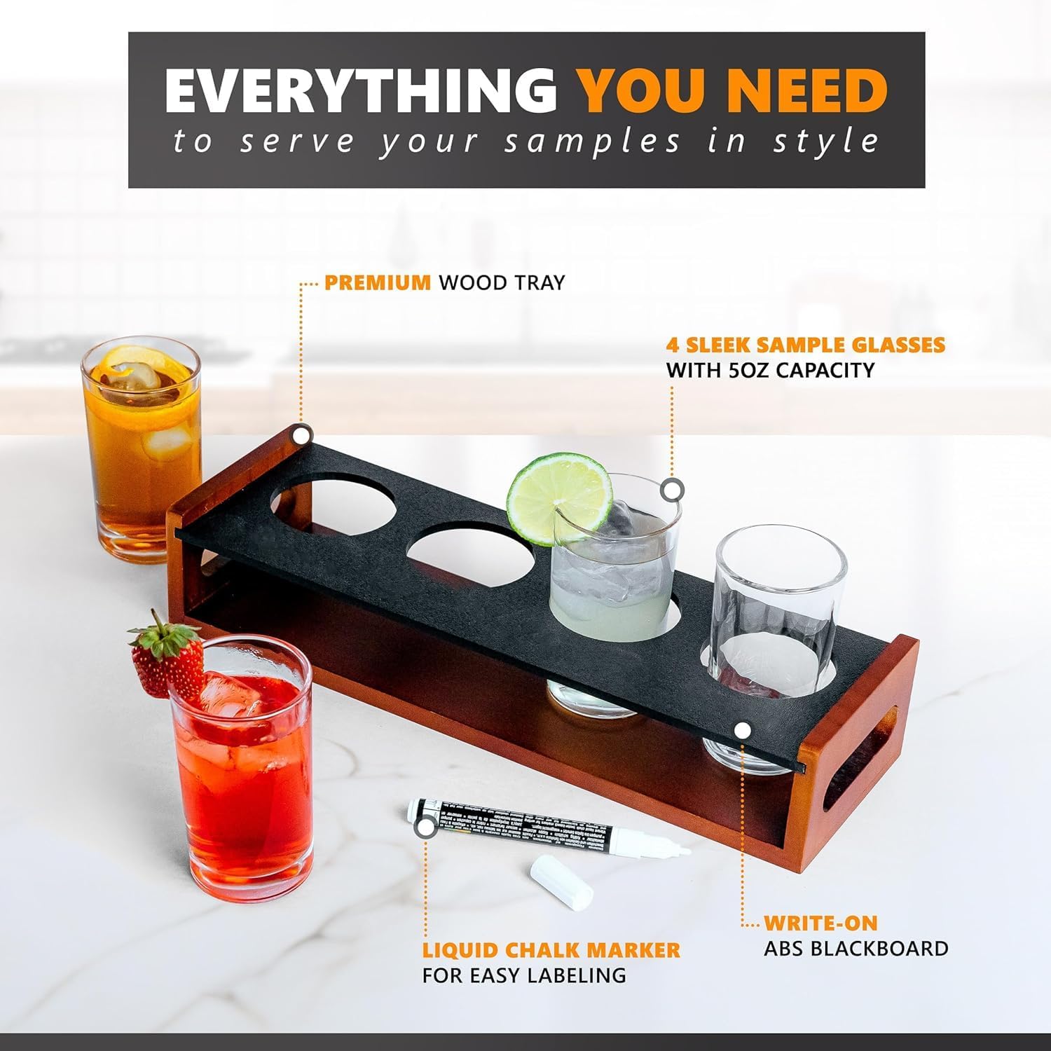 Shows all components included in the sample serving set, highlighting the premium wood tray, glasses, and labeling marker. Breaks down the features of the serving set, pointing out the wood tray,…