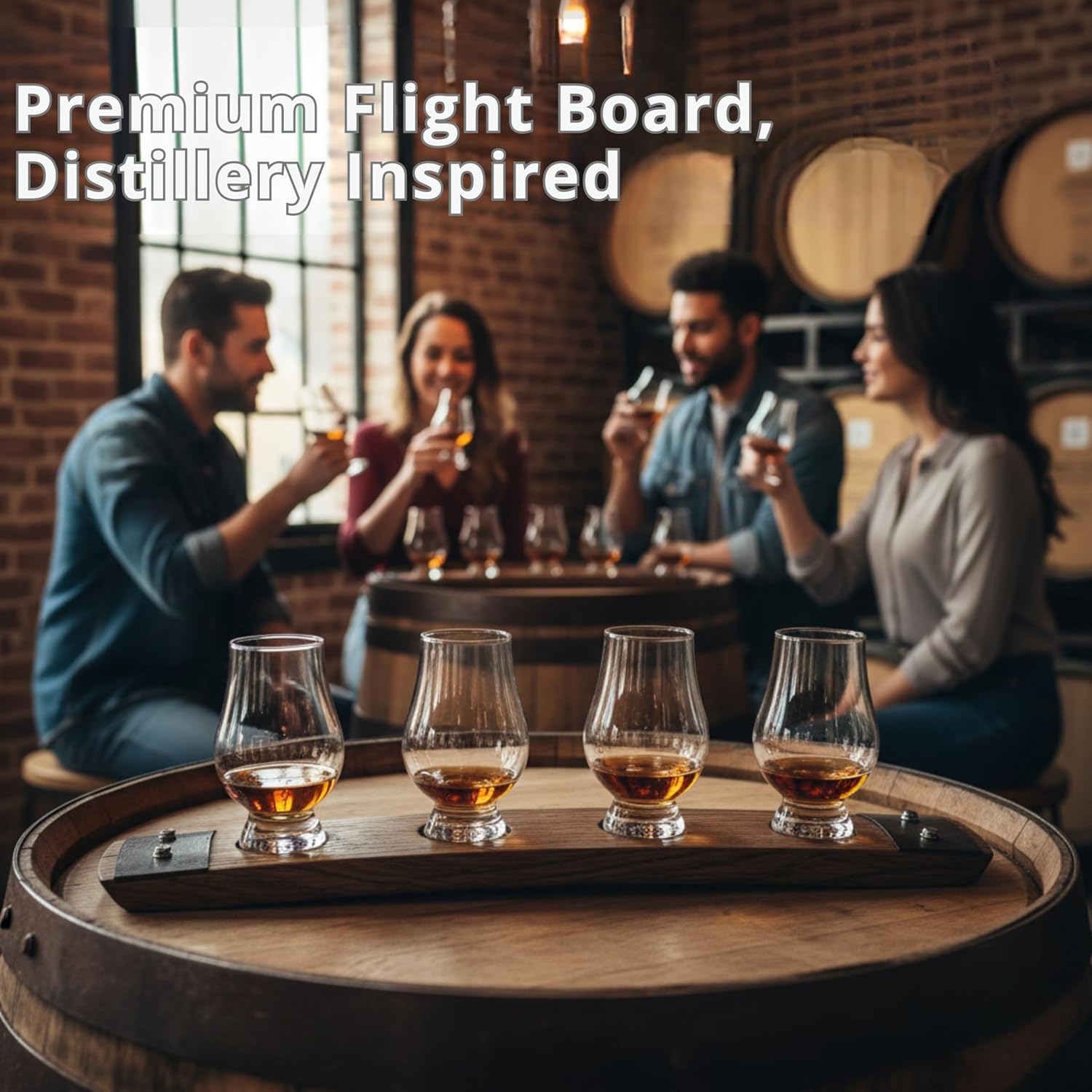 Secondary Images for Barrel Stave Premium 4 Glass Whiskey Flight Serving Tray with Glencairn Glasses