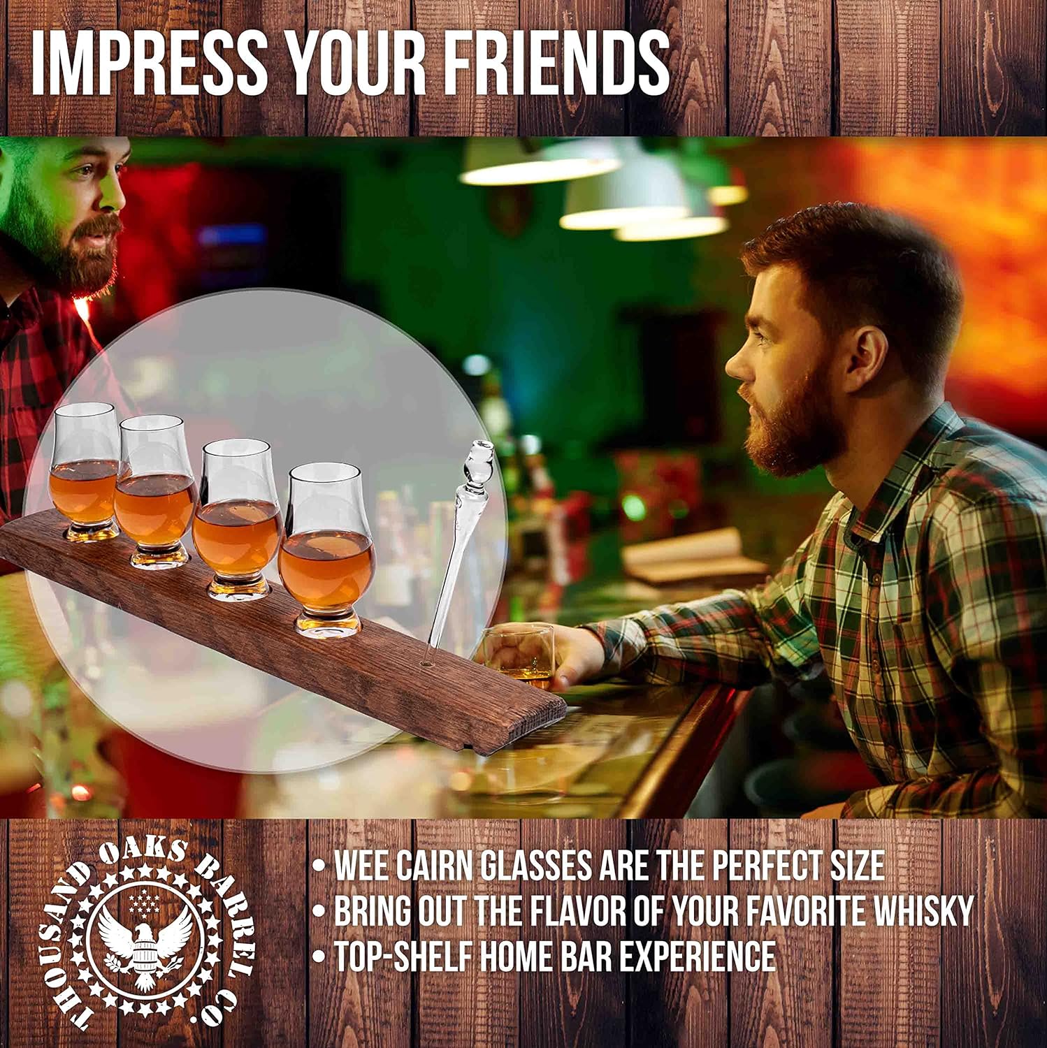 Showcases how the product can be used to impress friends and create a top-shelf home bar experience. Highlights that the Wee Cairn glasses are the ideal size for bringing out whisky flavors.