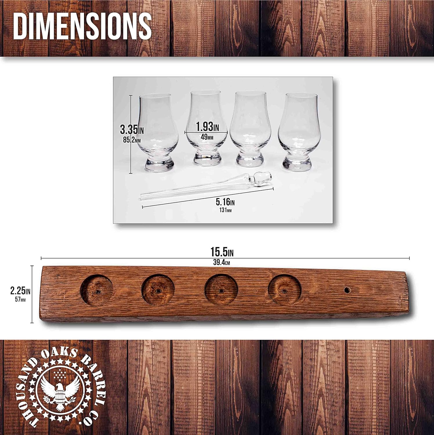 Provides exact measurements of the whiskey flight board and glasses to help customers understand the size and capacity of the product.
