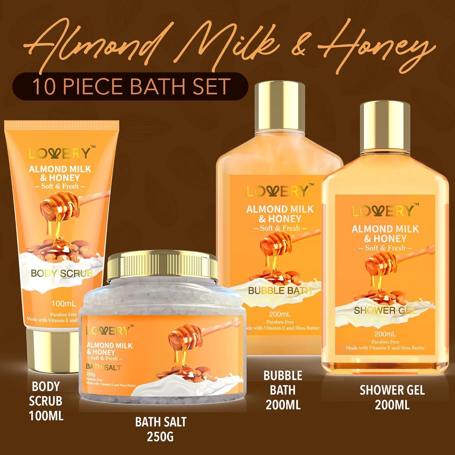 Shows all the products included in the Almond Milk & Honey bath set, highlighting the variety and value of the bundle.