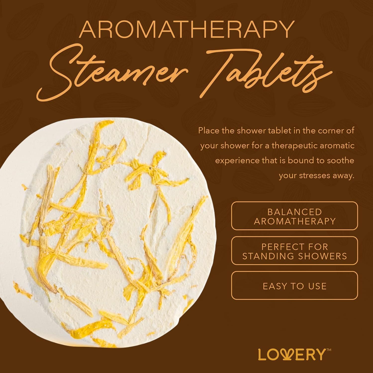 Explains how to use the aromatherapy steamer tablets in the shower for a therapeutic experience. Highlights the stress-relieving benefit of using the aromatherapy steamer tablets in the shower.
