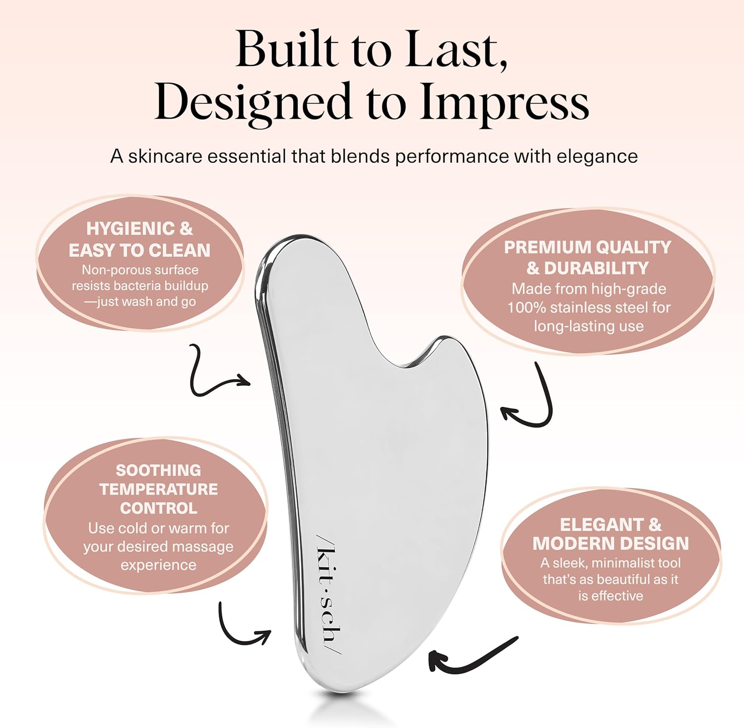 Highlights multiple key features and benefits of the skincare tool to demonstrate its quality, functionality, and aesthetic appeal.