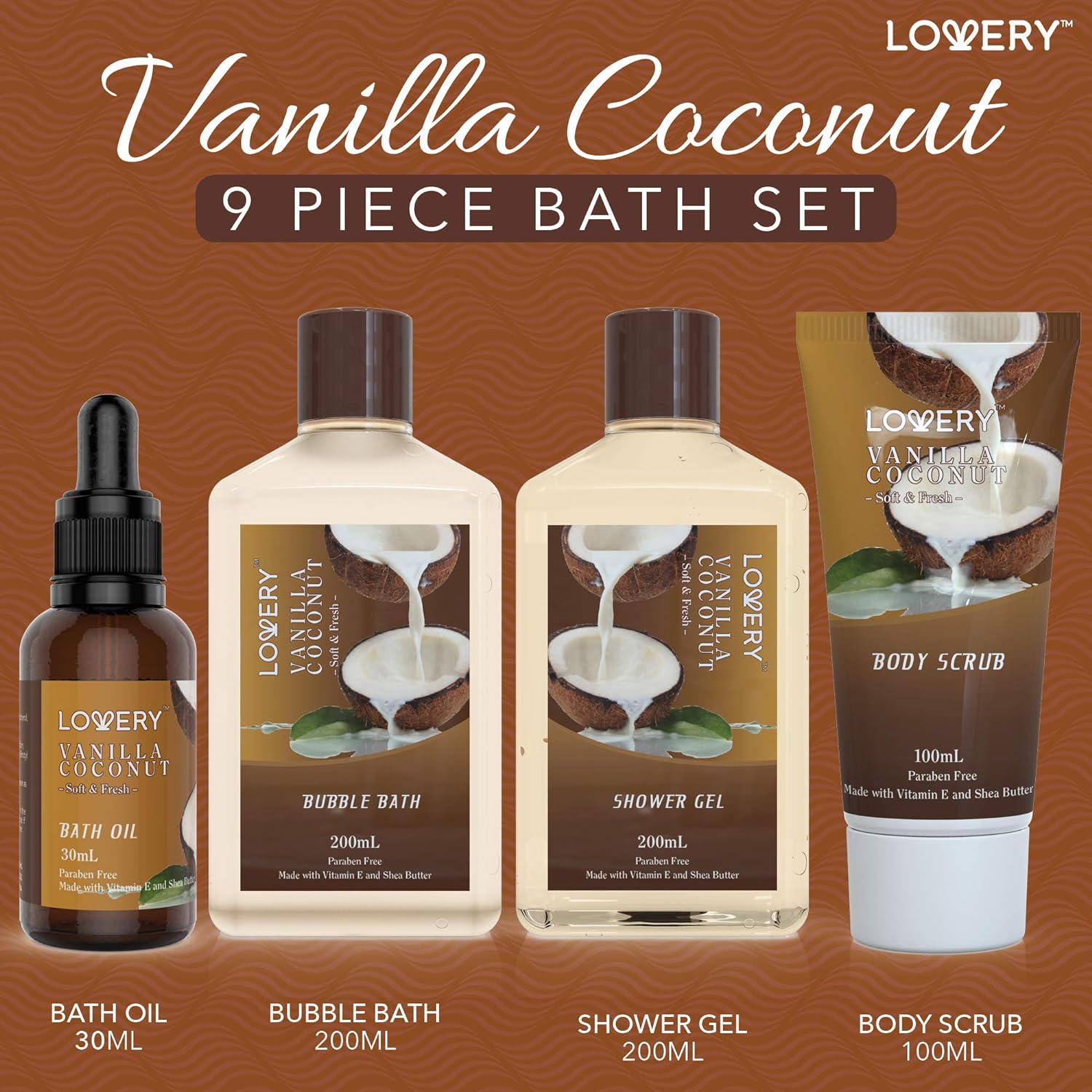 Shows the complete set of bath products included in the package, highlighting the variety and scent.