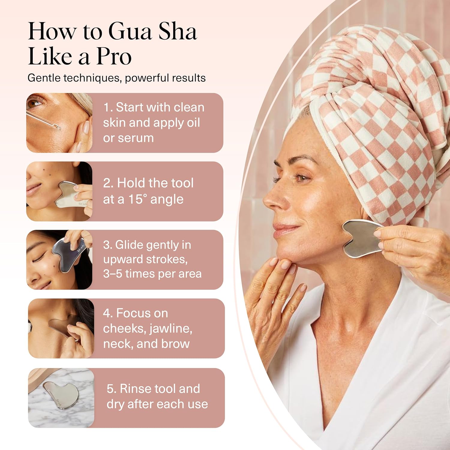 Provides step-by-step instructions on how to properly use a gua sha tool for facial massage, helping customers understand the correct technique and maximize the product's benefits.