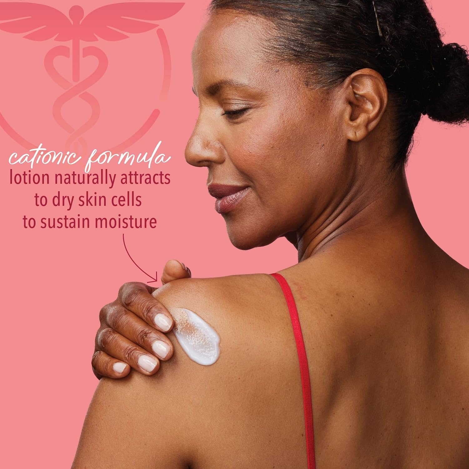 Highlights the product's unique cationic formula that attracts moisture to dry skin cells, emphasizing its effectiveness in sustaining skin hydration.