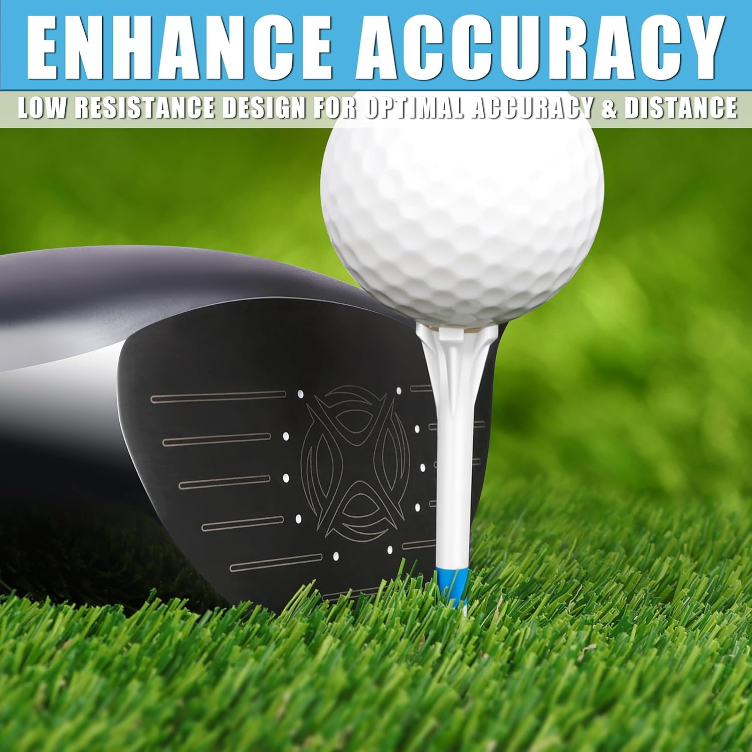 Highlights the golf club's low resistance design to improve shot accuracy and distance.