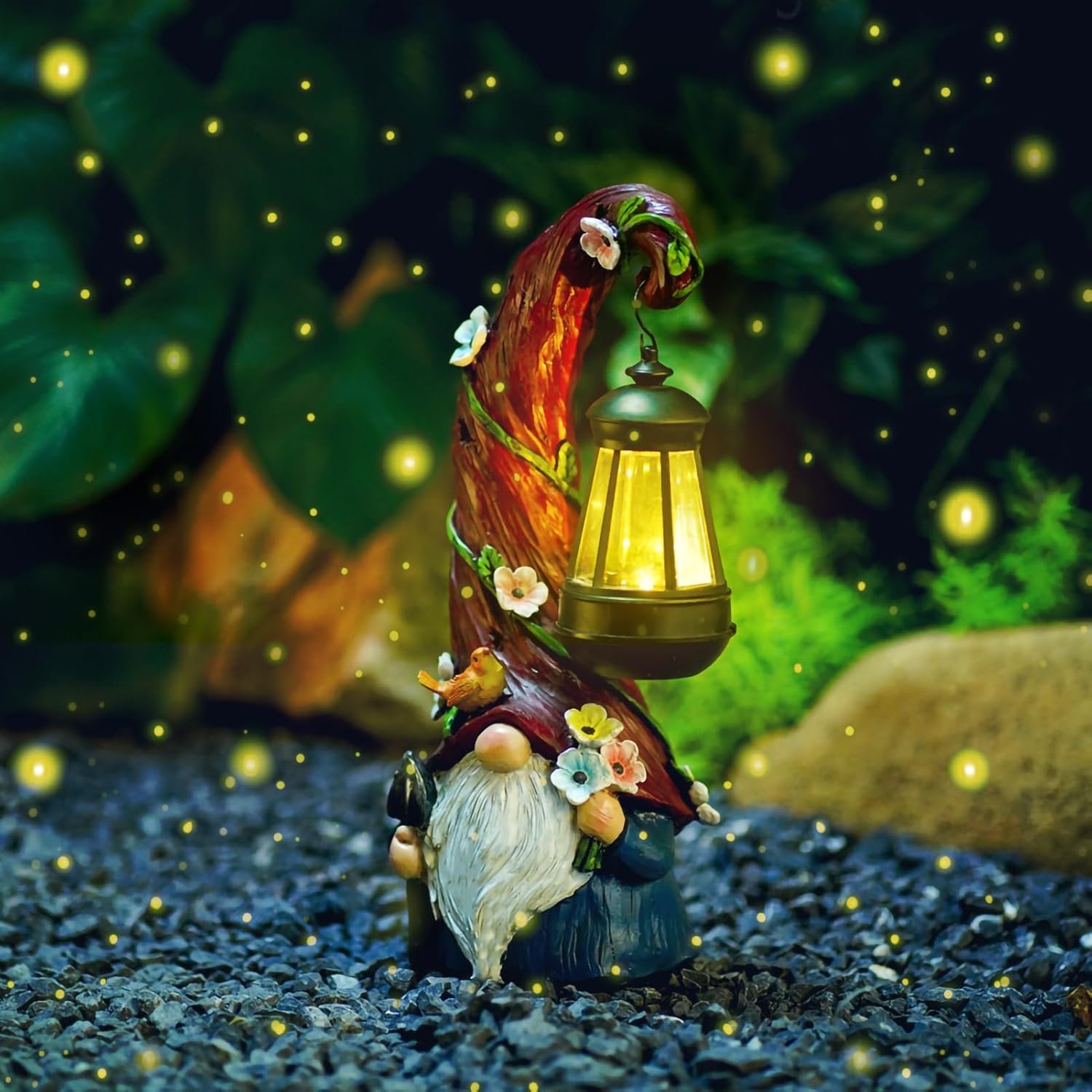 Showcases the product in a magical garden setting to highlight its decorative appeal and ambient lighting function.