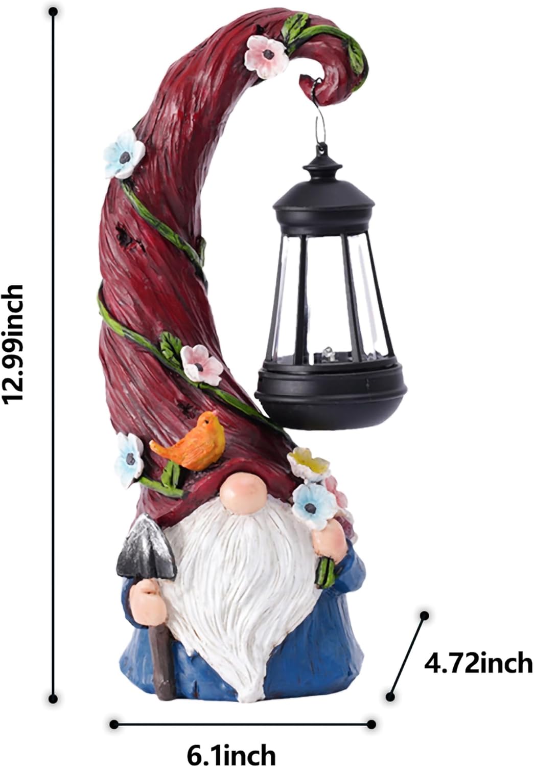 Provides exact measurements of the garden gnome statue to help customers understand its size and determine if it fits their space.