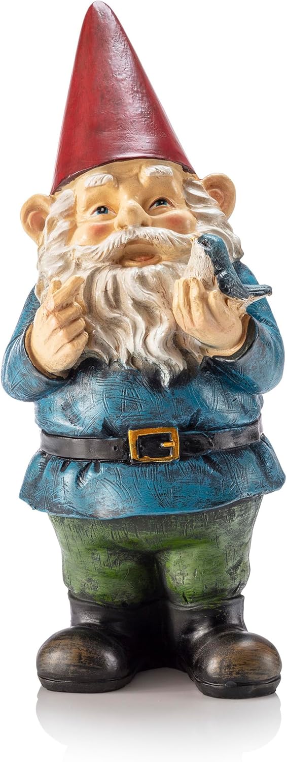 Shows the product as a decorative garden gnome, highlighting its whimsical design and potential use as outdoor decor.