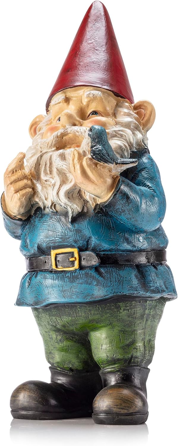 Showcases the detailed design and colorful appearance of a garden gnome figurine, appealing to customers interested in whimsical outdoor decor.