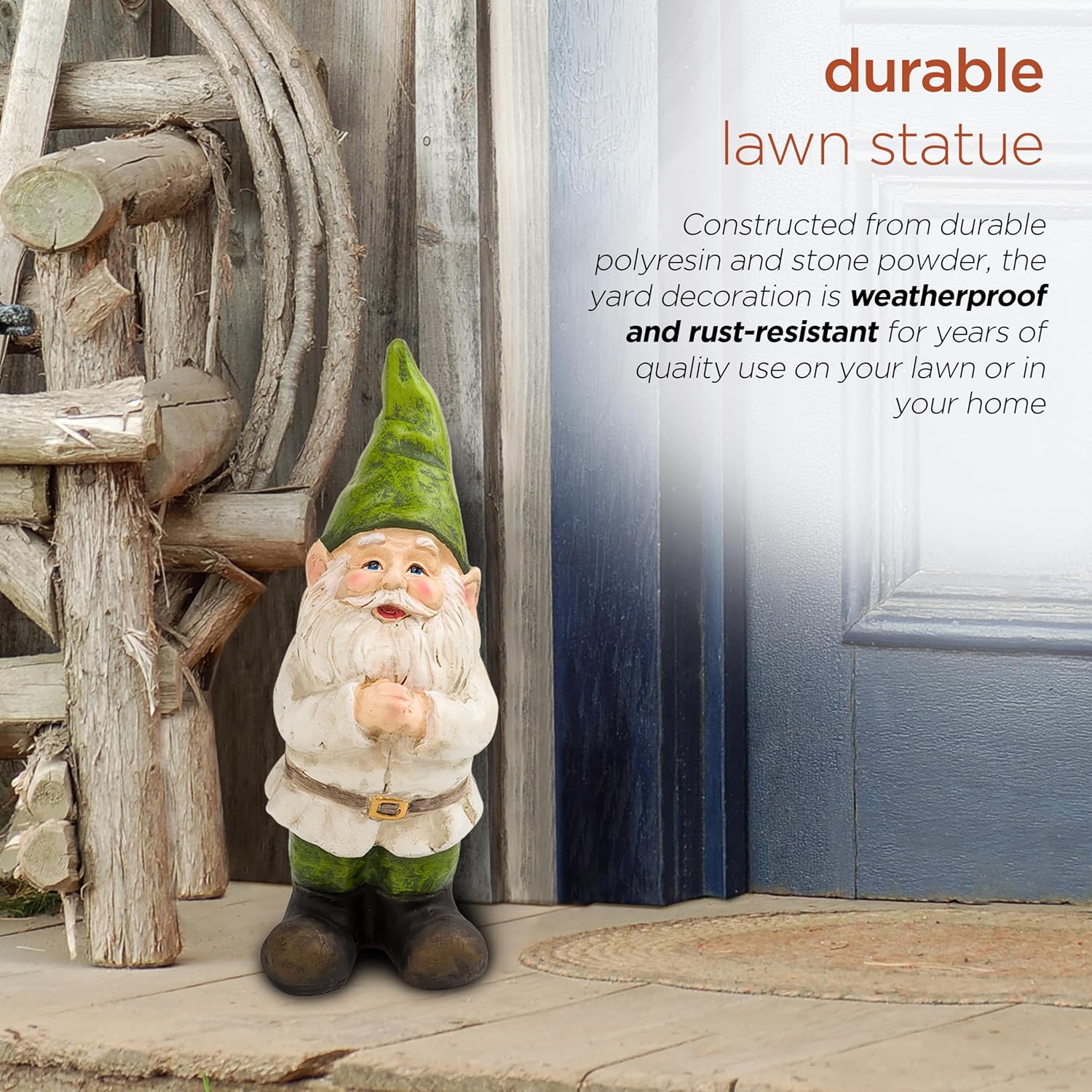 Emphasizes the durability of the lawn statue, highlighting its ability to withstand outdoor conditions for long-term use.