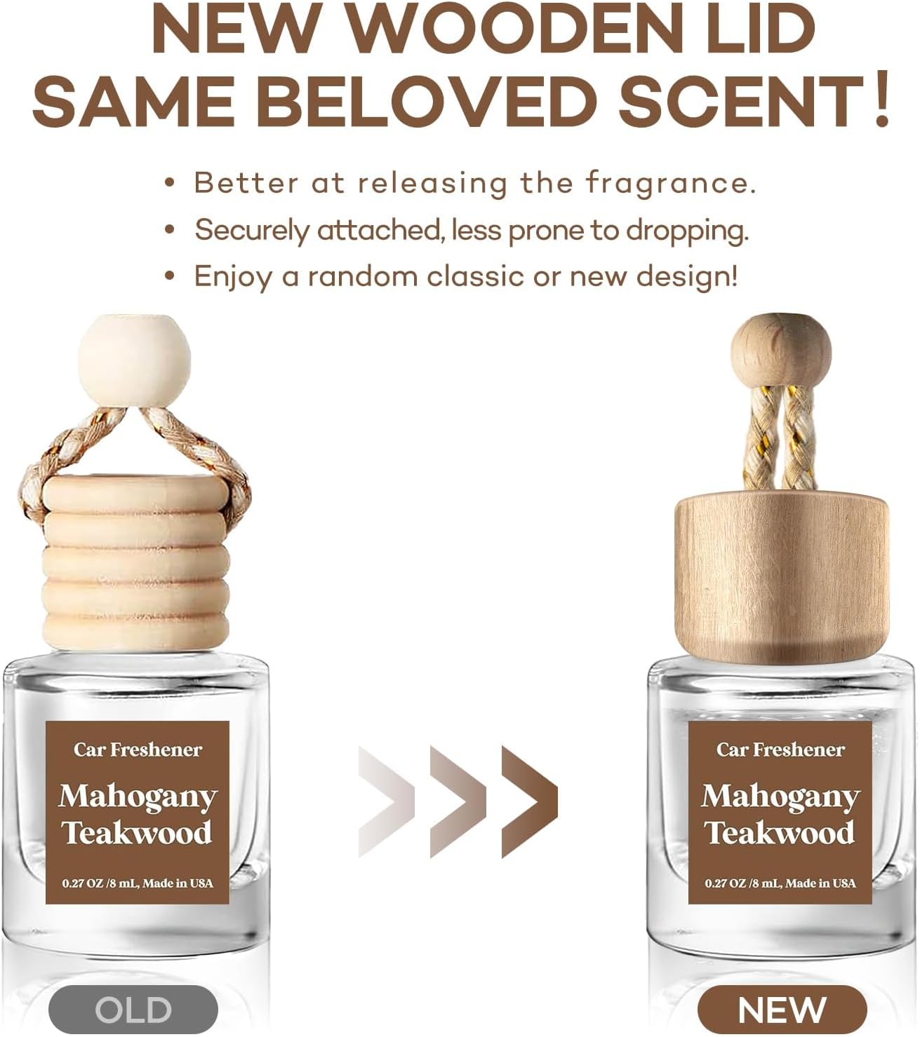 Highlights the product's new wooden lid design and its benefits, including better fragrance release and more secure attachment.